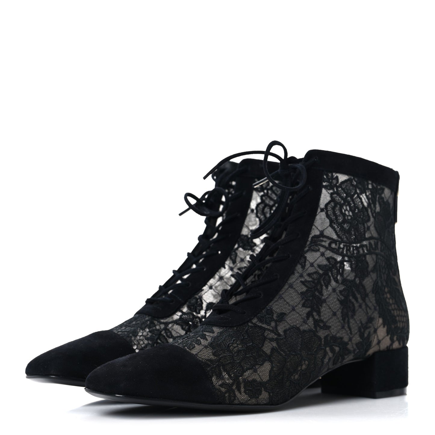 Suede Transparent Mesh Embroidered Roses Naughtily-D Heeled Lace Up Ankle Boots 39.5 Black