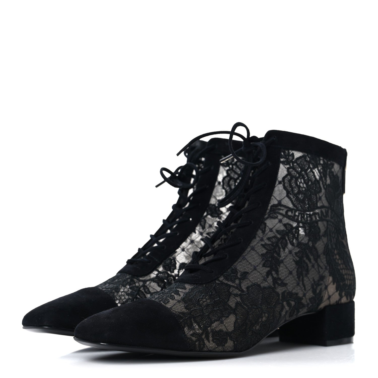 Christian Dior Suede Transparent Mesh Embroidered Roses Naughtily-D Heeled Lace Up Ankle Boots 39.5 Black 4 of 10