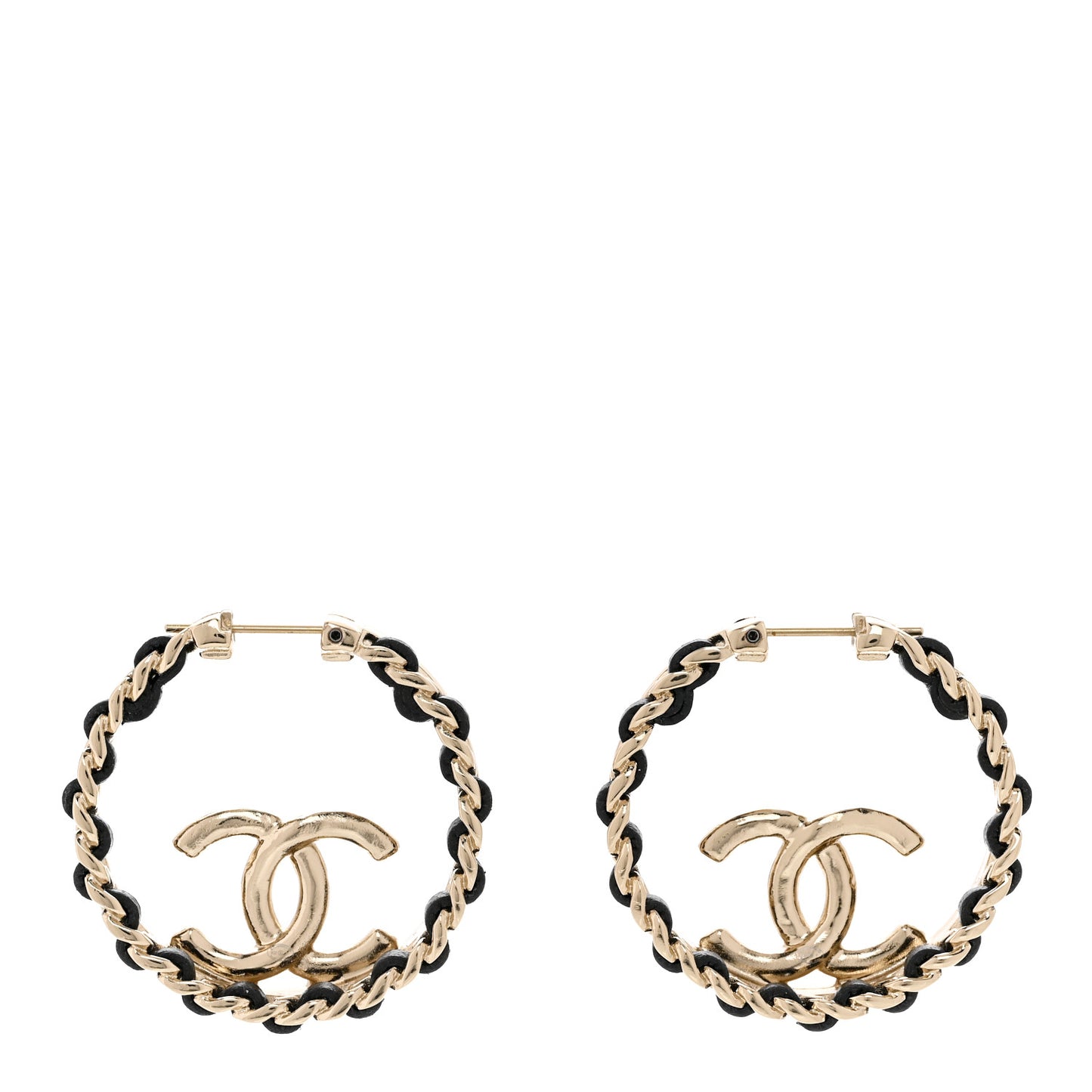 Lambskin CC Chain Hoop Earrings Black Gold
