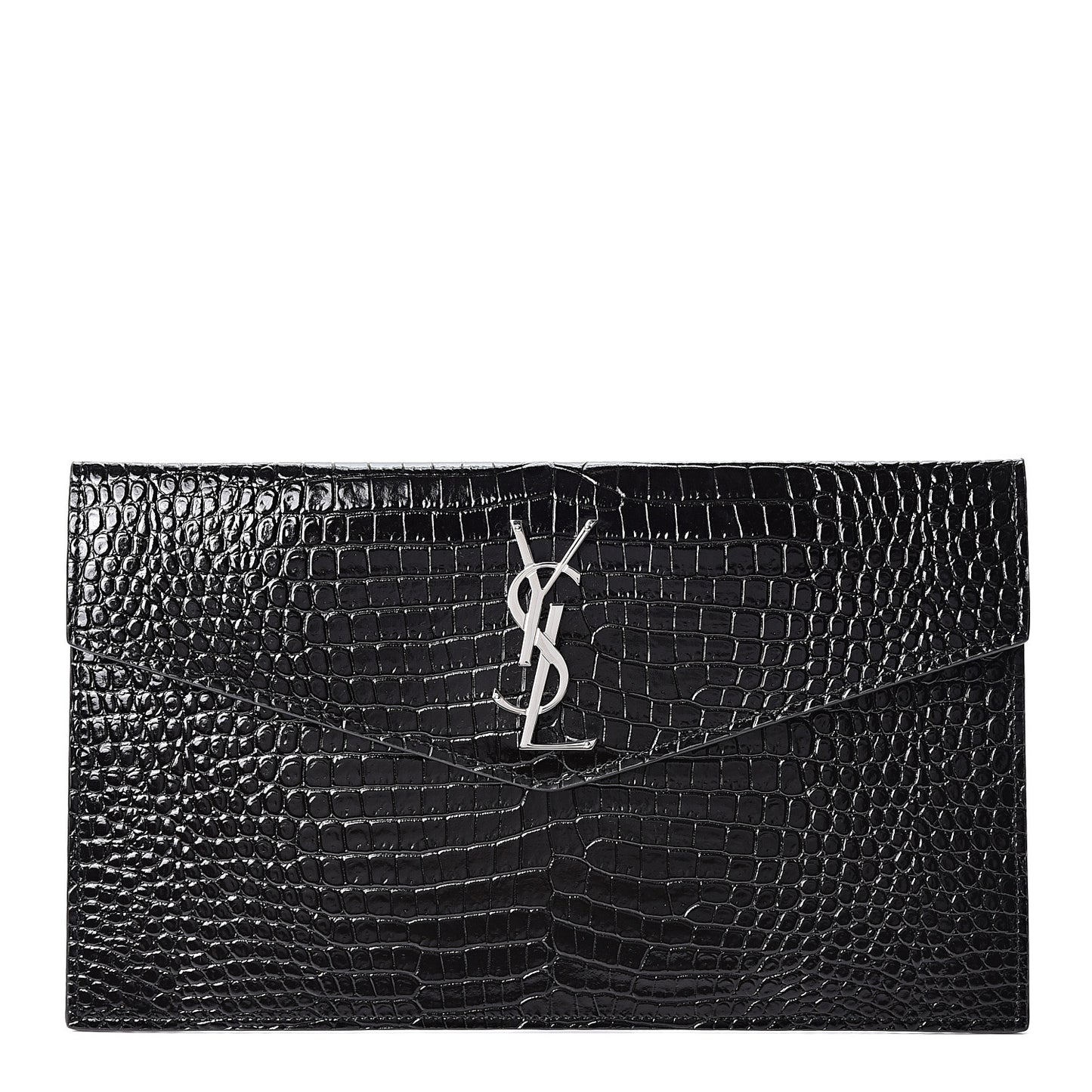 Calfskin Crocodile Embossed Uptown Monogram Clutch Black