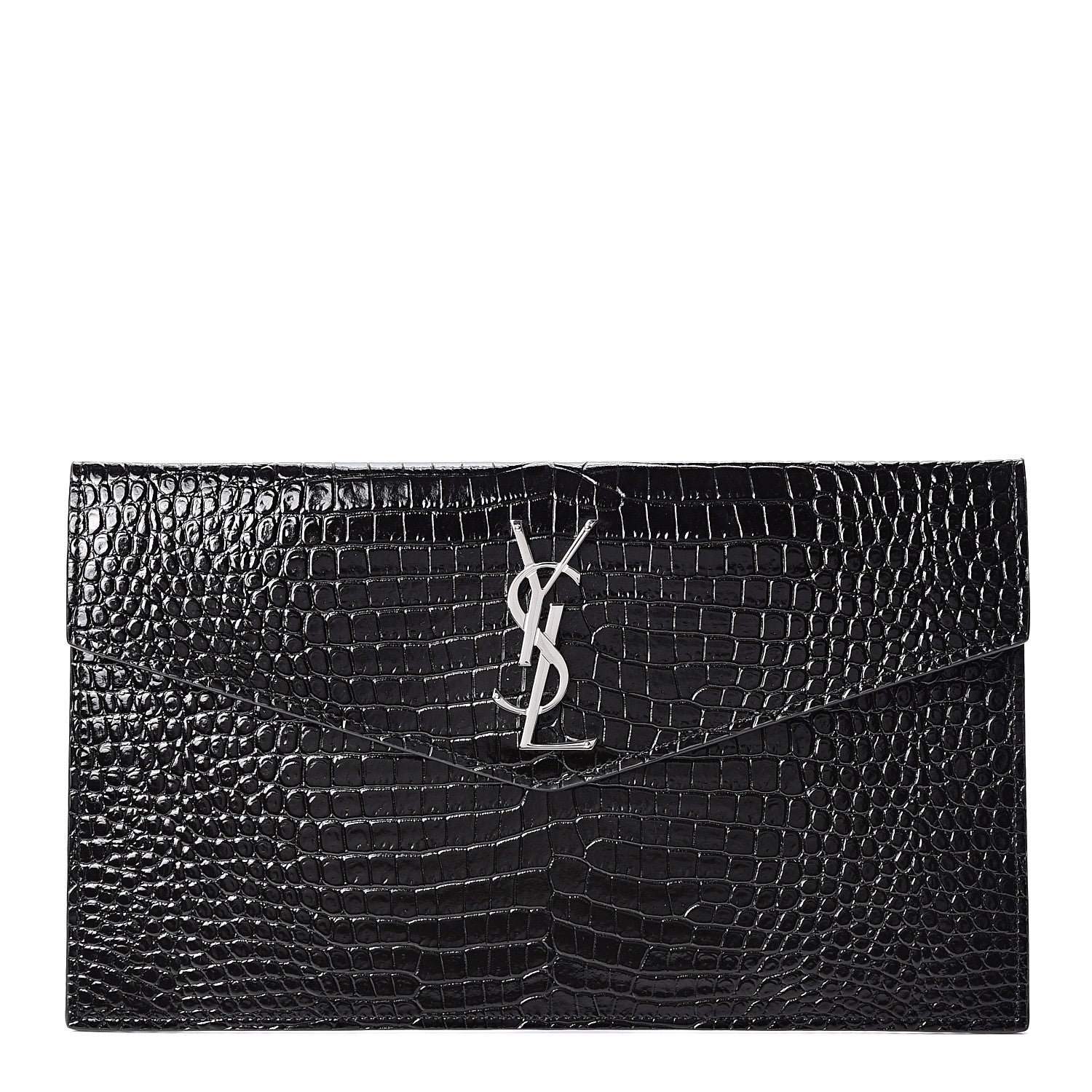 Saint Laurent Calfskin Crocodile Embossed Uptown Monogram Clutch Black 1 of 9