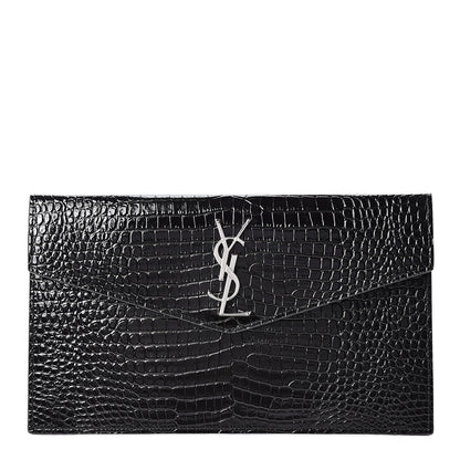 Saint Laurent Calfskin Crocodile Embossed Uptown Monogram Clutch Black 1 of 9