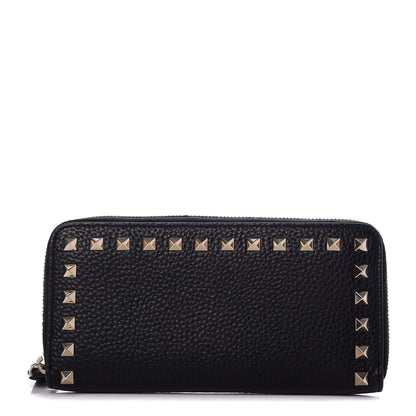 Valentino Garavani Pebbled Calfskin Rockstud Zip Around Wallet Black 1 of 6
