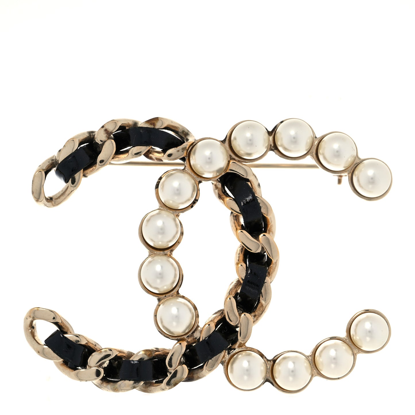 Lambskin Pearl CC Chain Brooch Black Gold