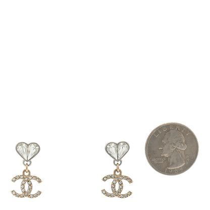 Chanel Crystal CC Heart Drop Earrings Gold Silver 2 of 4