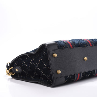 Gucci Velvet GG Monogram Textured Calfskin Web Medium Duffle Bag Blue Beige Black 9 of 11