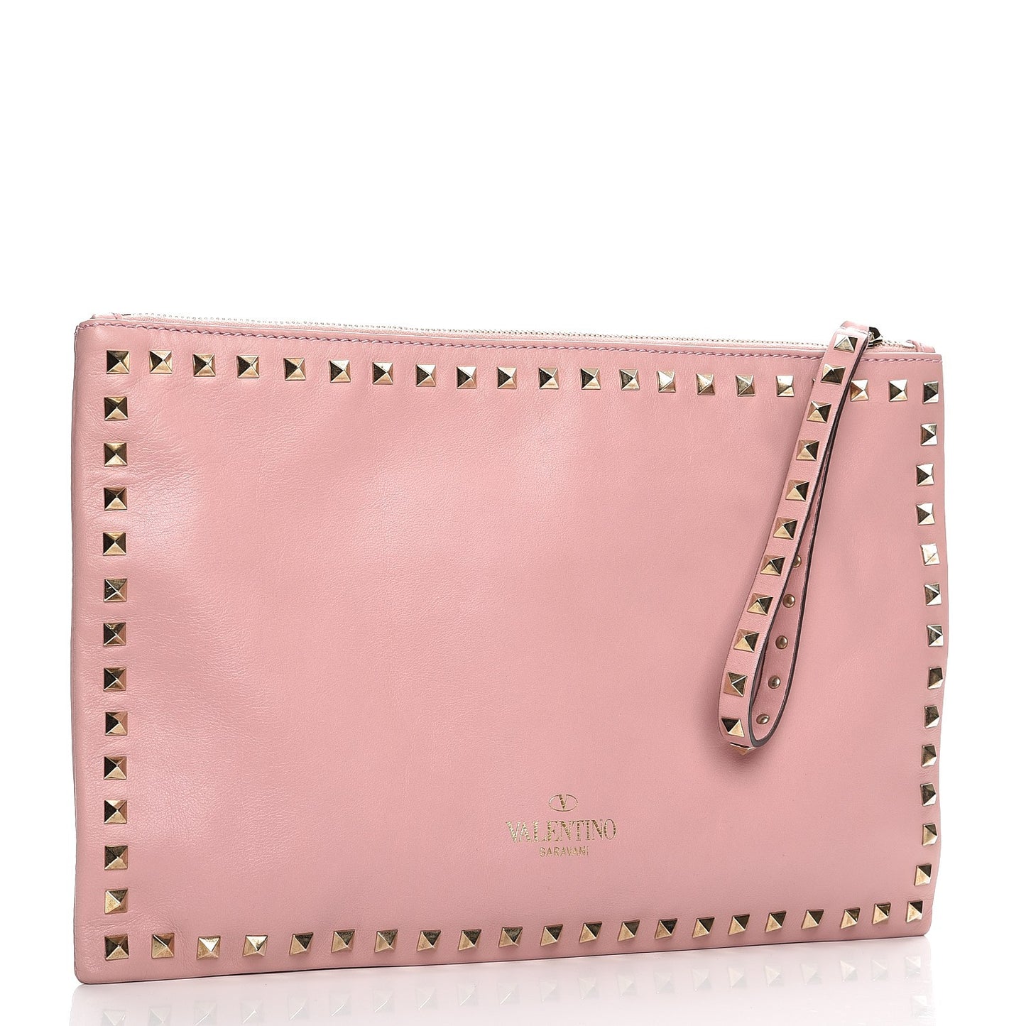 Vitello Large Rockstud Zip Wristlet Pouch Pop Gardenia