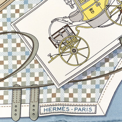 Hermes Silk Les Voitures Nouvelles Scarf 70 Blue Pale White 2 of 4