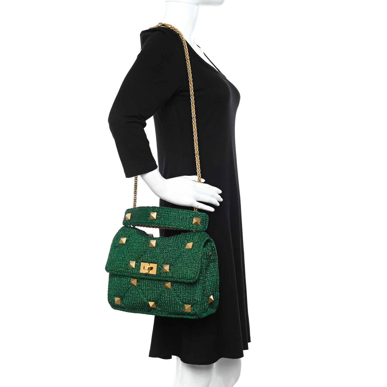 Valentino Garavani Metallic Woven Lurex Large Roman Stud Shoulder Bag Jungle 2 of 12