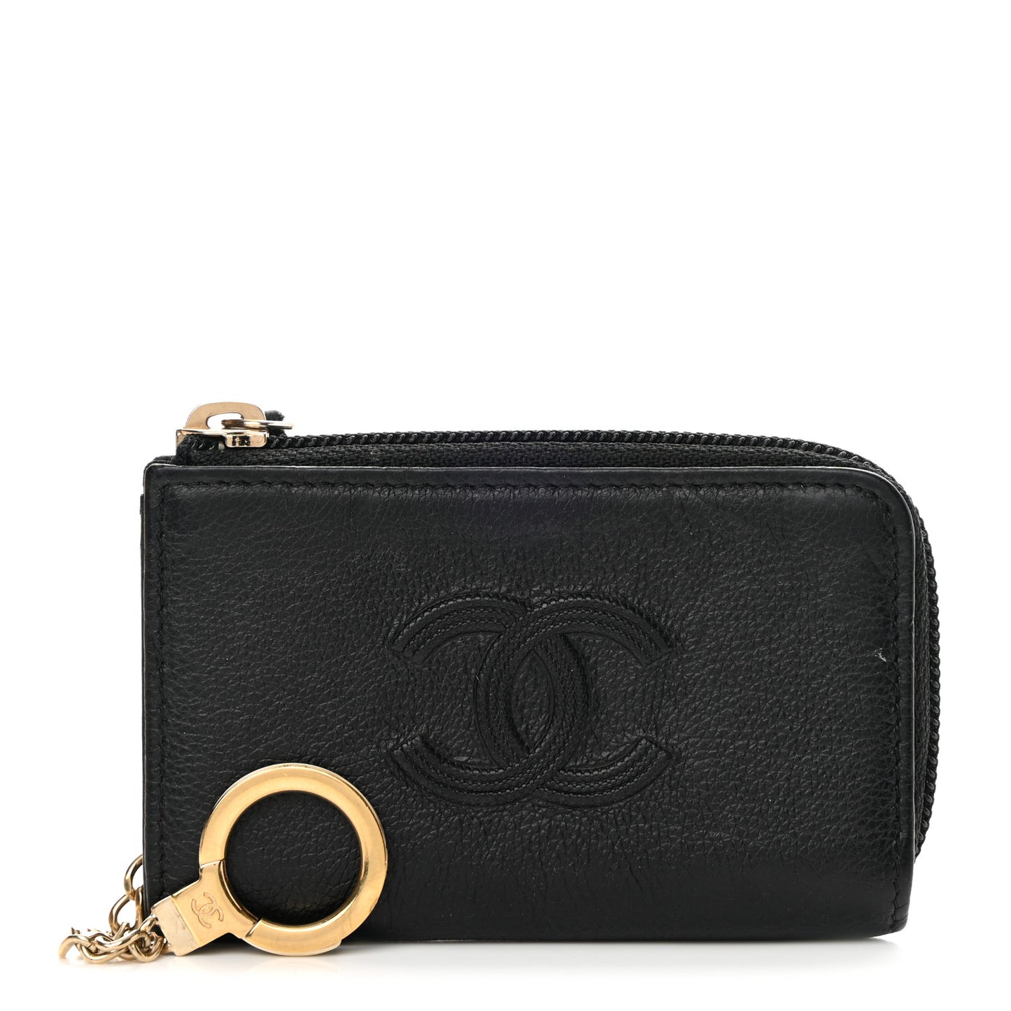 Calfskin Chain Embossed CC Key Holder Case Black