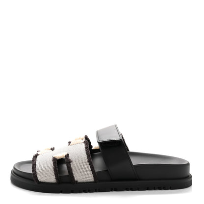 Hermes Techno Fringed H Canvas Caflskin Womens Chypre Sandals 36.5 Prunoir Black 1 of 10