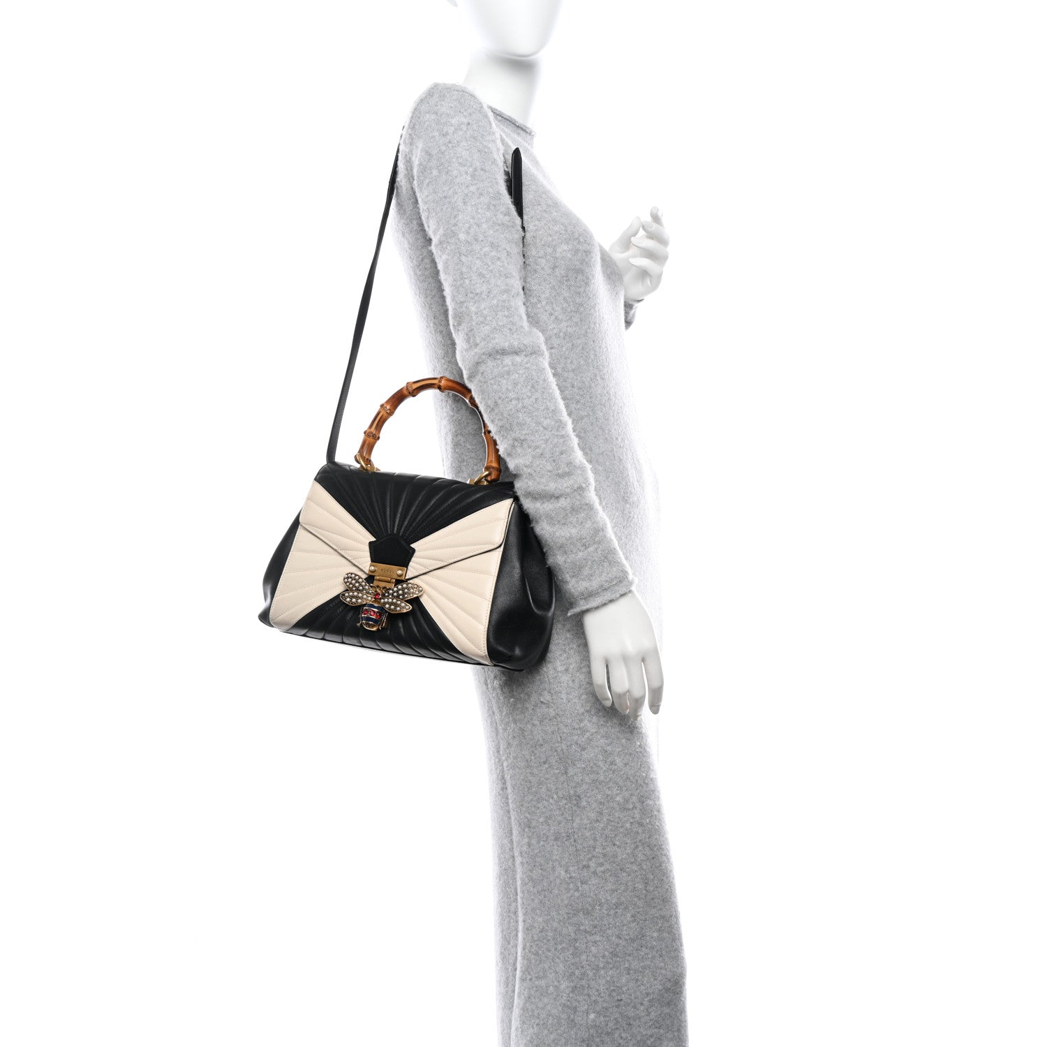 Gucci Calfskin Bamboo Trapuntata Queen Margaret Top Handle Bag Mystic White Black 2 of 11