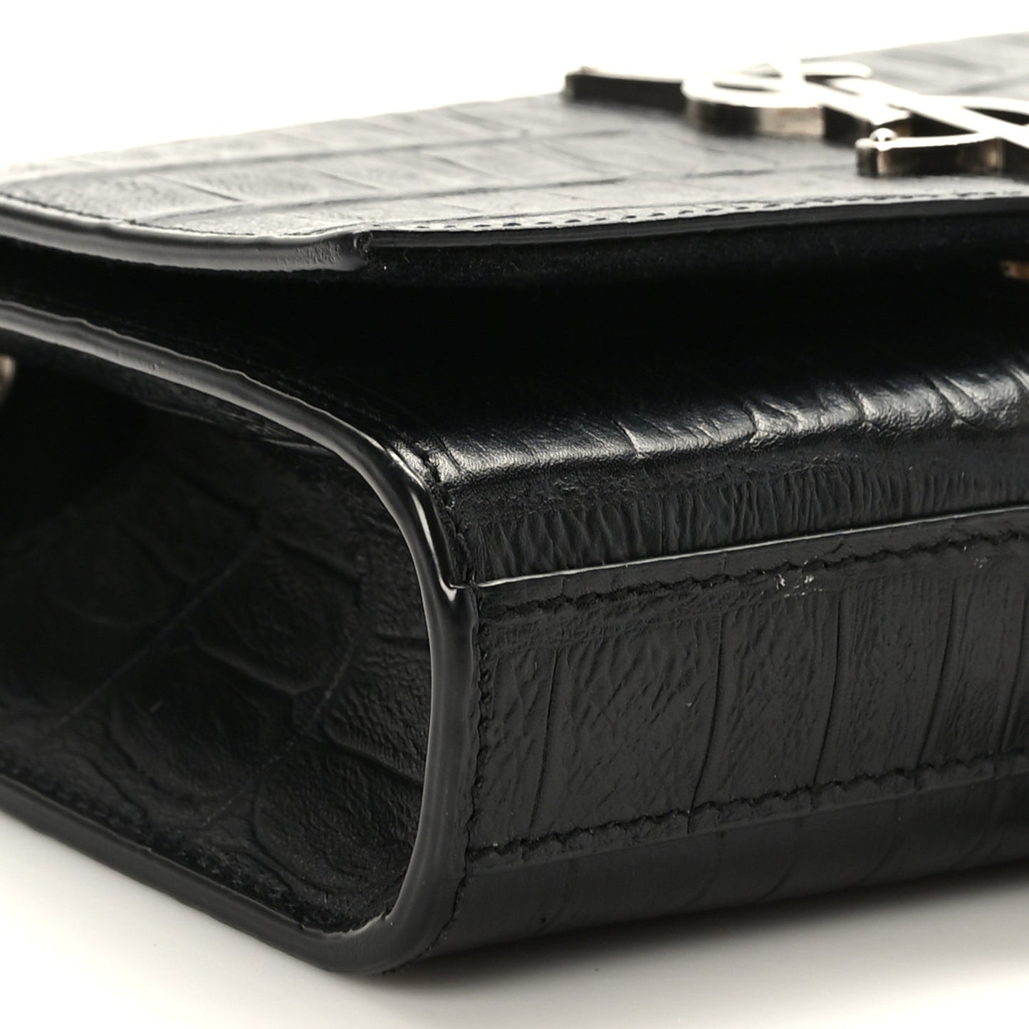 Calfskin Crocodile Embossed Small Classic Monogram Kate Tassel Satchel Black