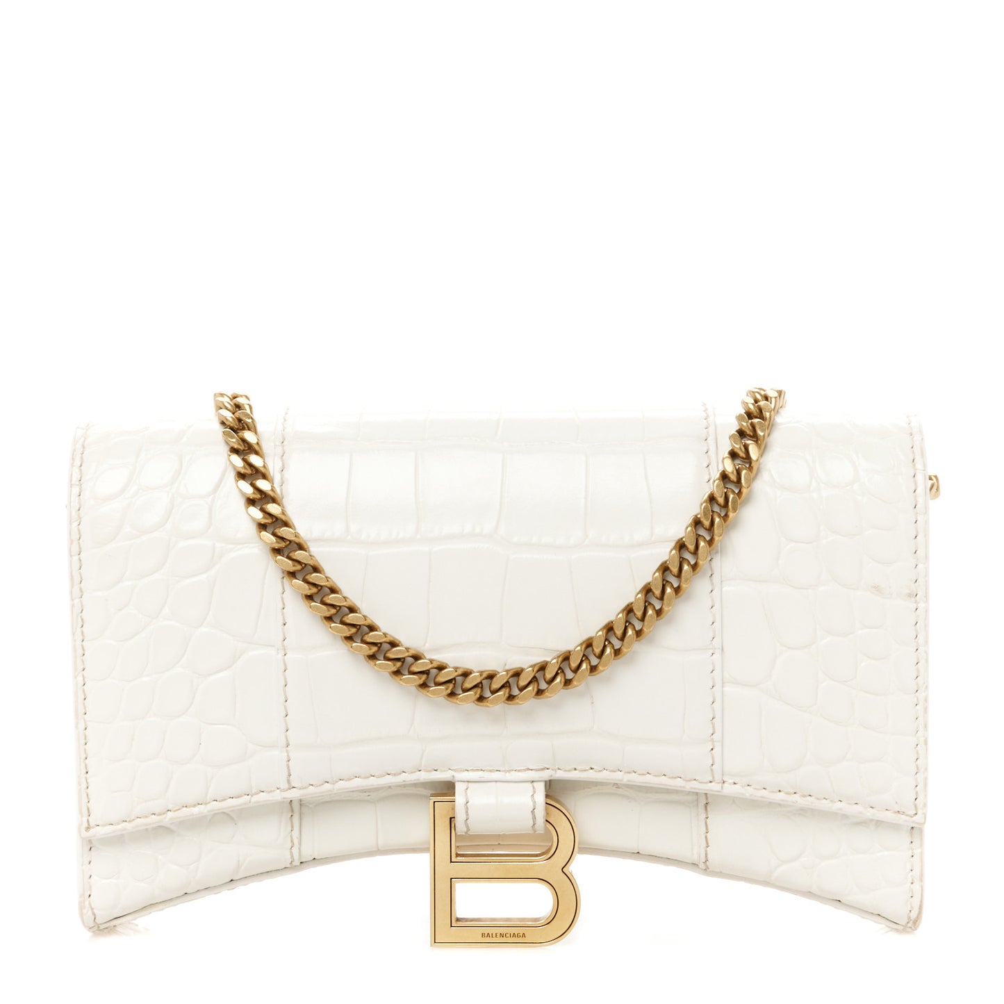 Shiny Calfskin Crocodile Embossed Hourglass Chain Bag White