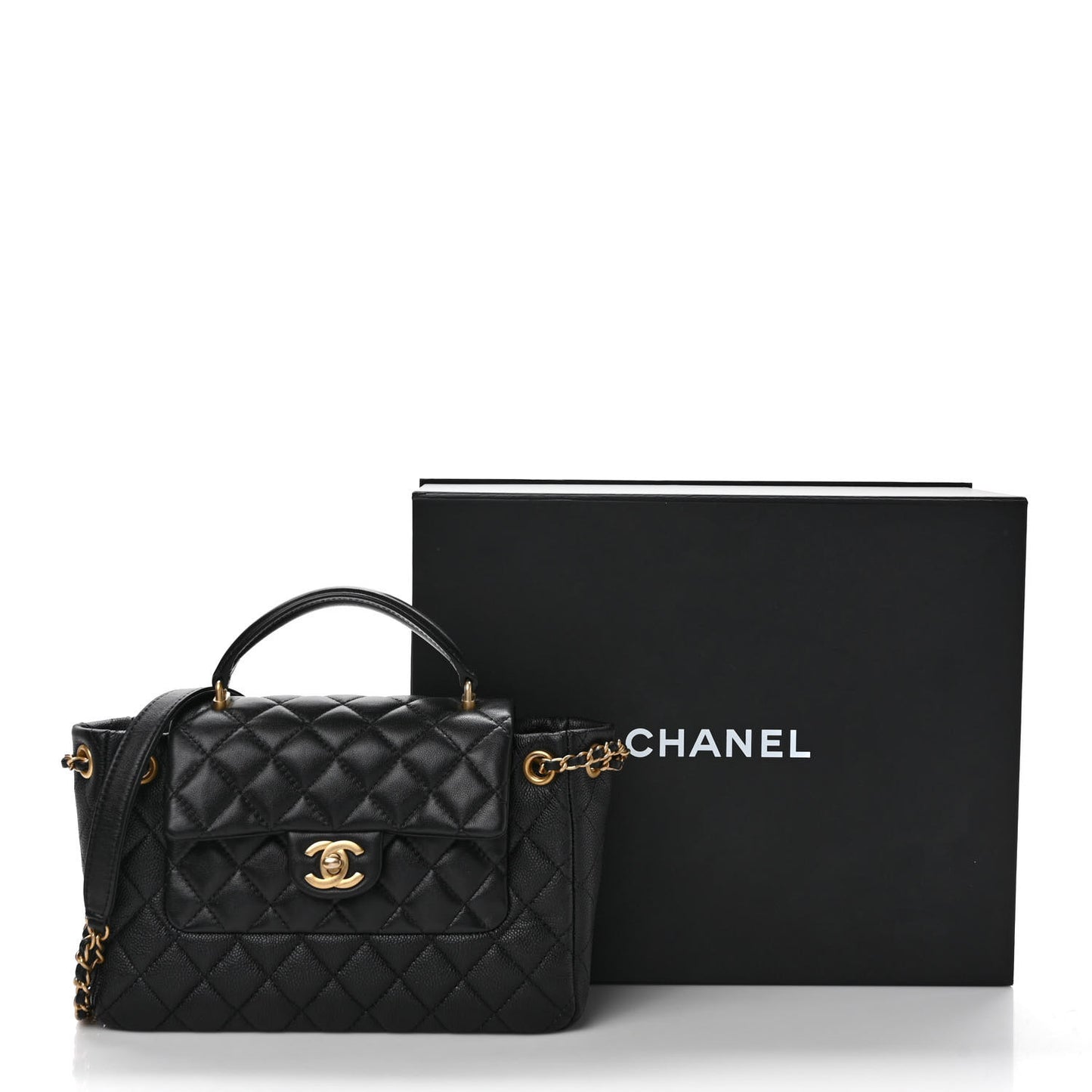 Caviar Calfskin Quilted Small Top Handle Flap Black