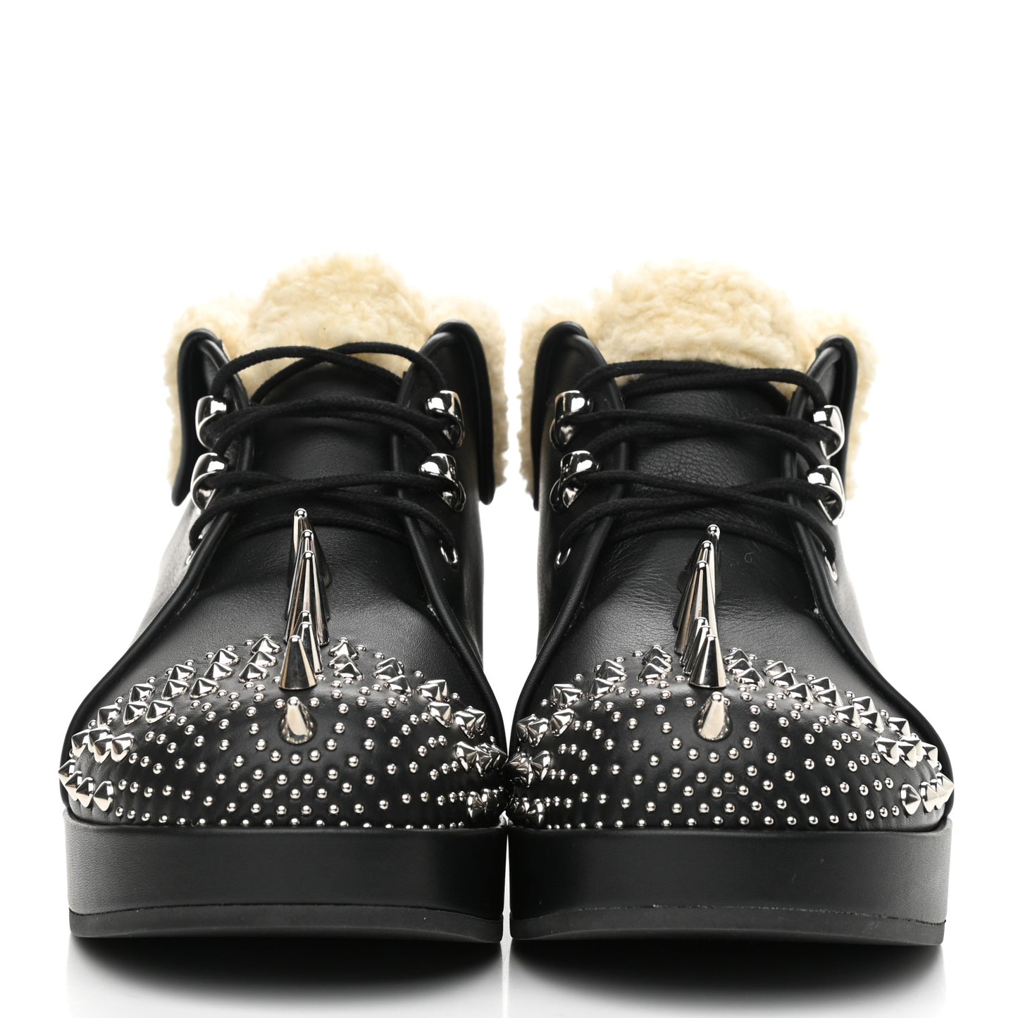 Calfskin Faux Shearling Studded Victor Ankle Boots 38.5 Black Mystic White