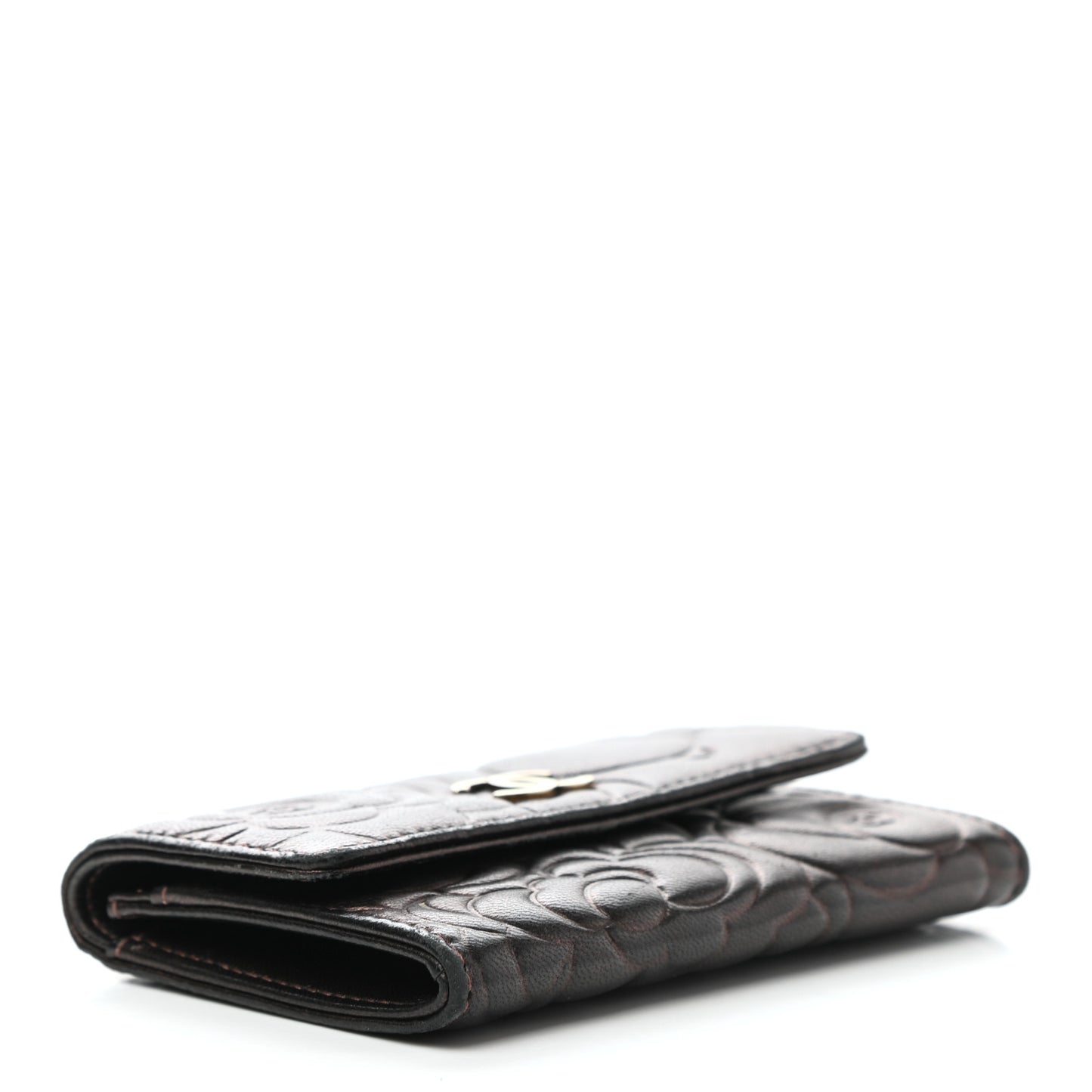 Metallic Goatskin Camellia Embossed Flap Card Holder Wallet Brown