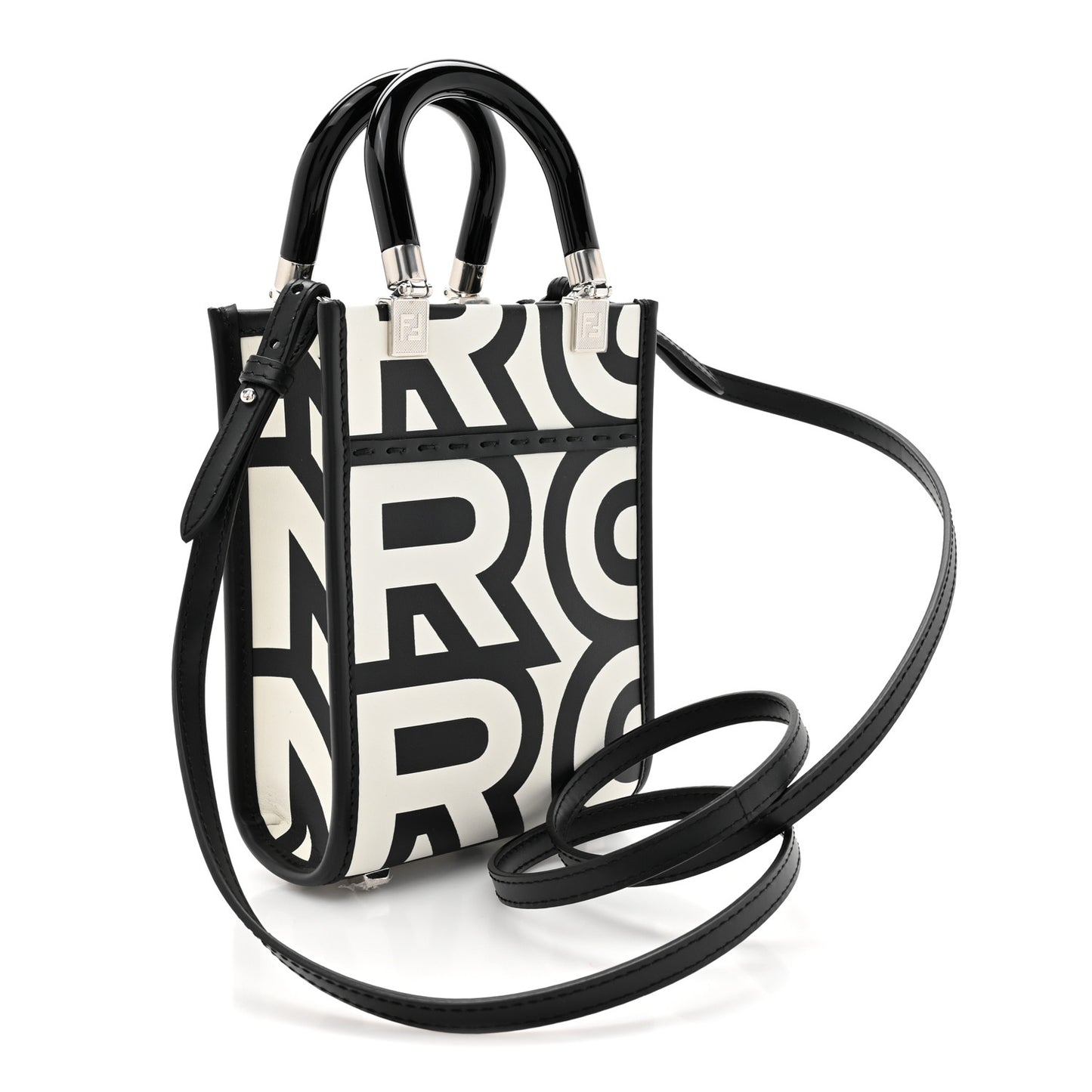 X MARC JACOBS Vitello King Plexiglass Logo Print Mini Fendi Sunshine Shopper Tote Black White