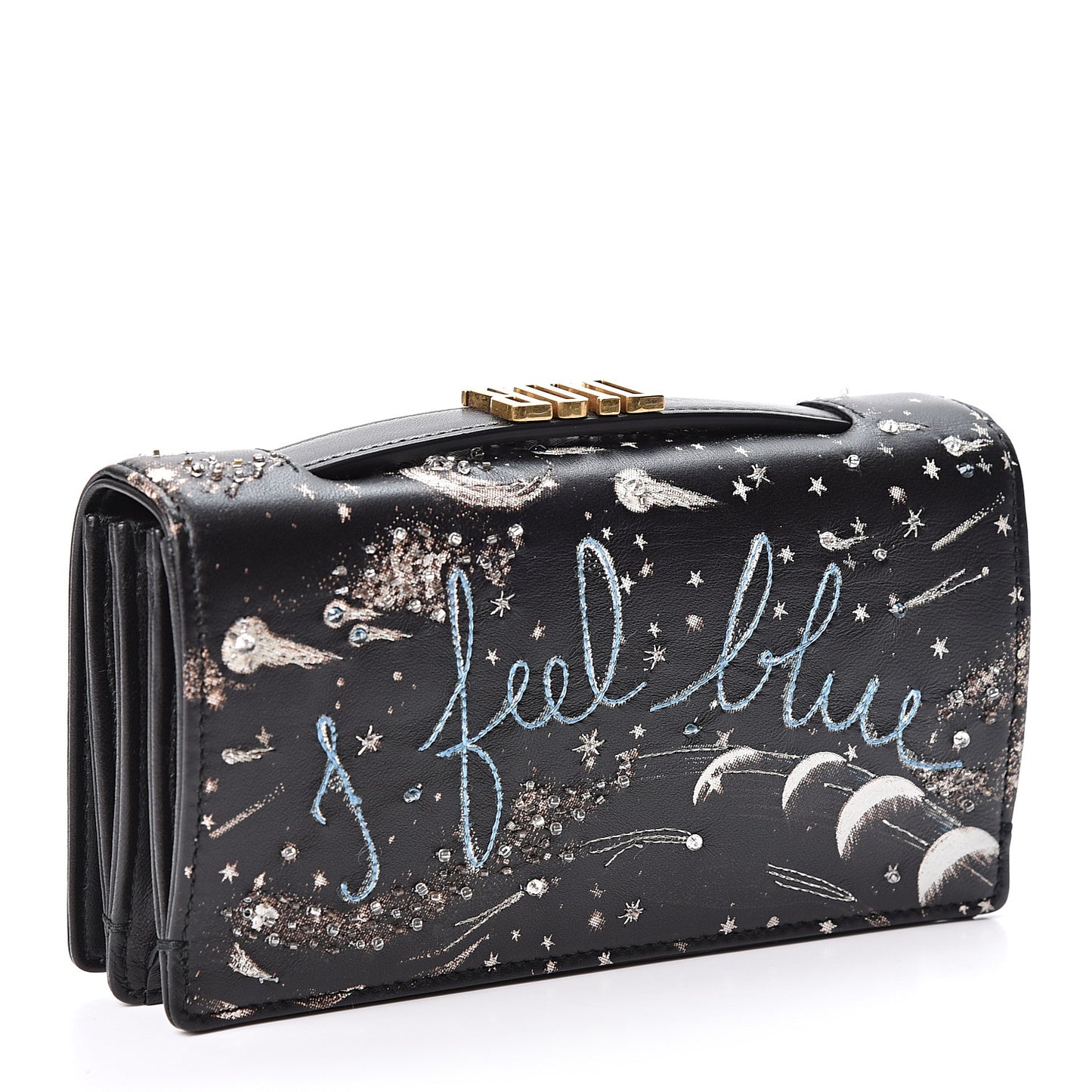 Lambskin Embroidered C'est I Feel Blue Clutch Black