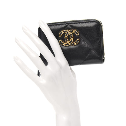 Chanel Shiny Goatskin Quilted Chanel 19 Zip Around Coin Purse Wallet Black 2 of 9