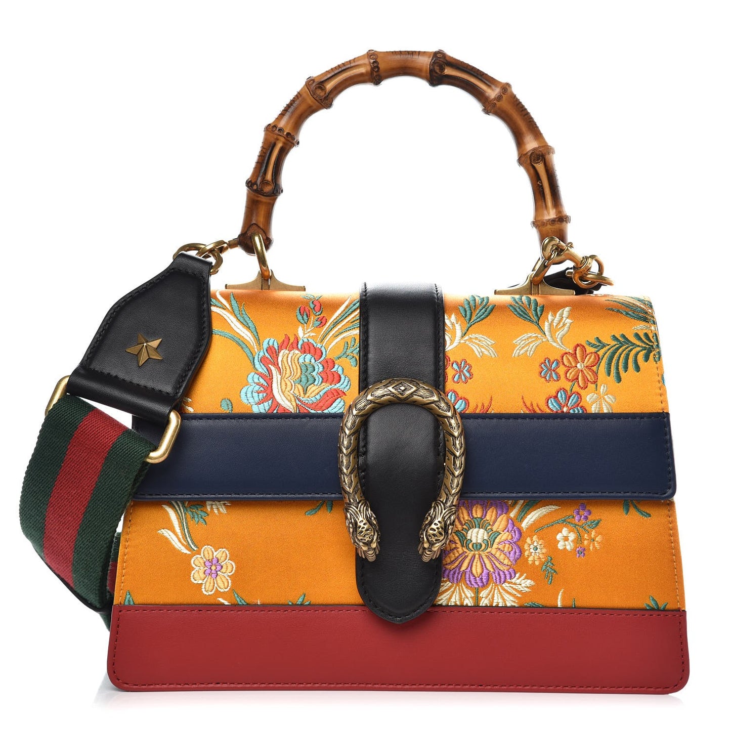 Satin Calfskin Bamboo Web Tokyo Print Medium Dionysus Top Handle Bag Giallo Multicolor Blue Agata Hibiscus Red