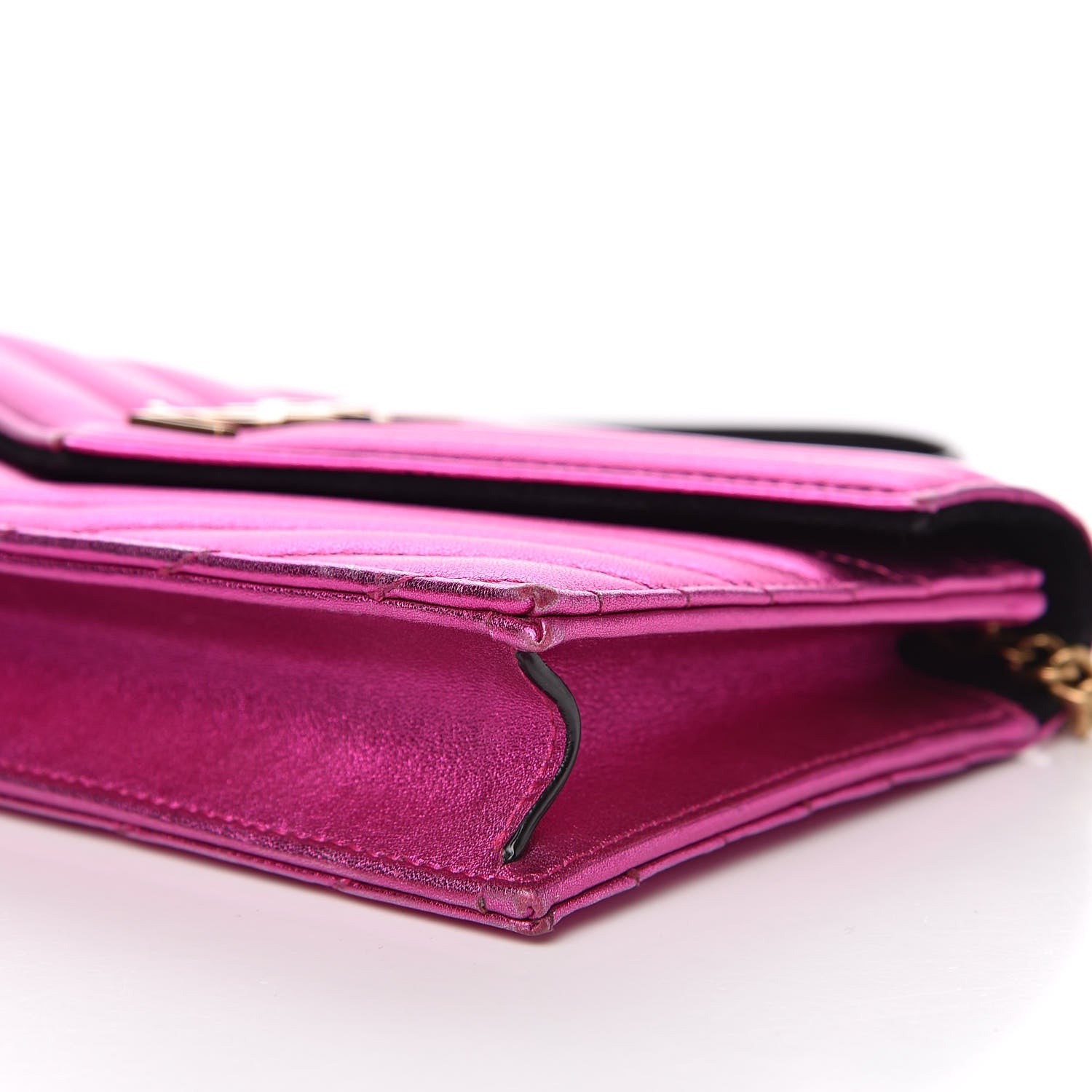 Saint Laurent Metallic Calfskin Matelasse Chevron Monogram Envelope Chain Wallet Fuchsia 8 of 13
