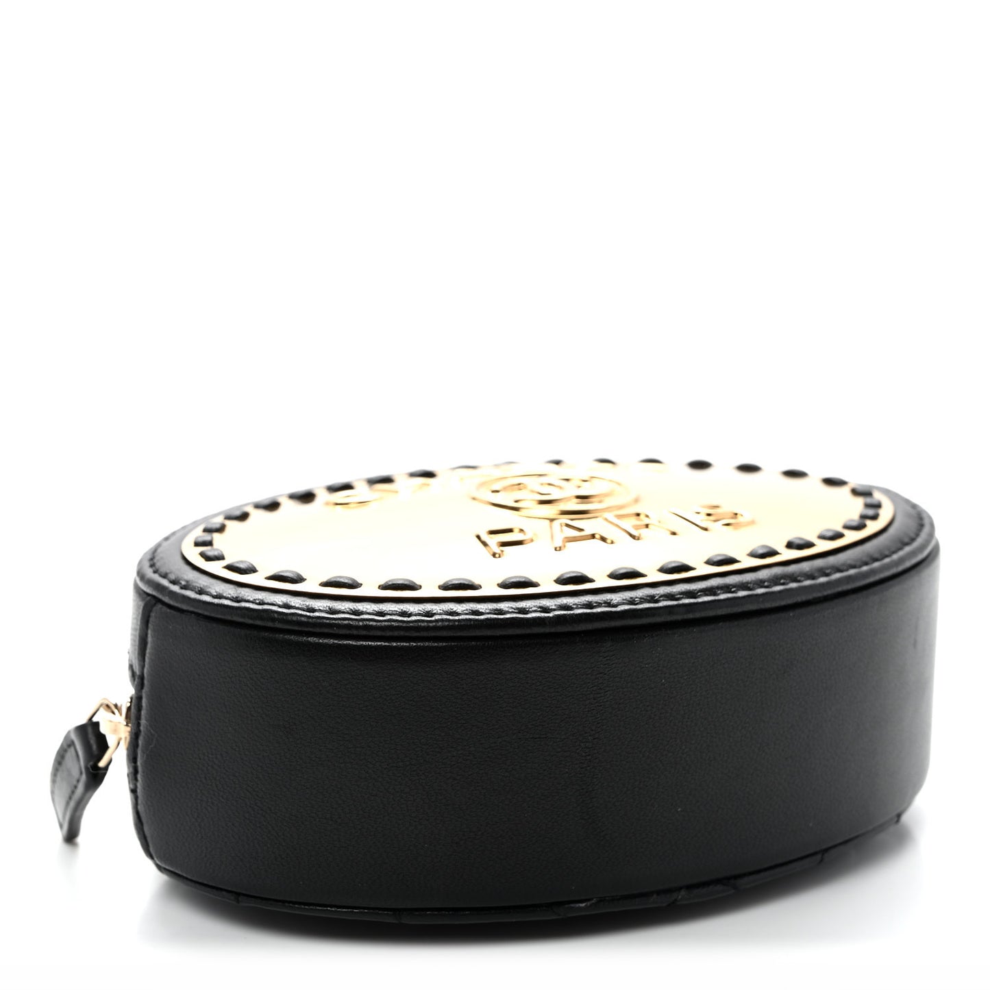 Lambskin Logo Plate Oval Clutch With Chain  Black