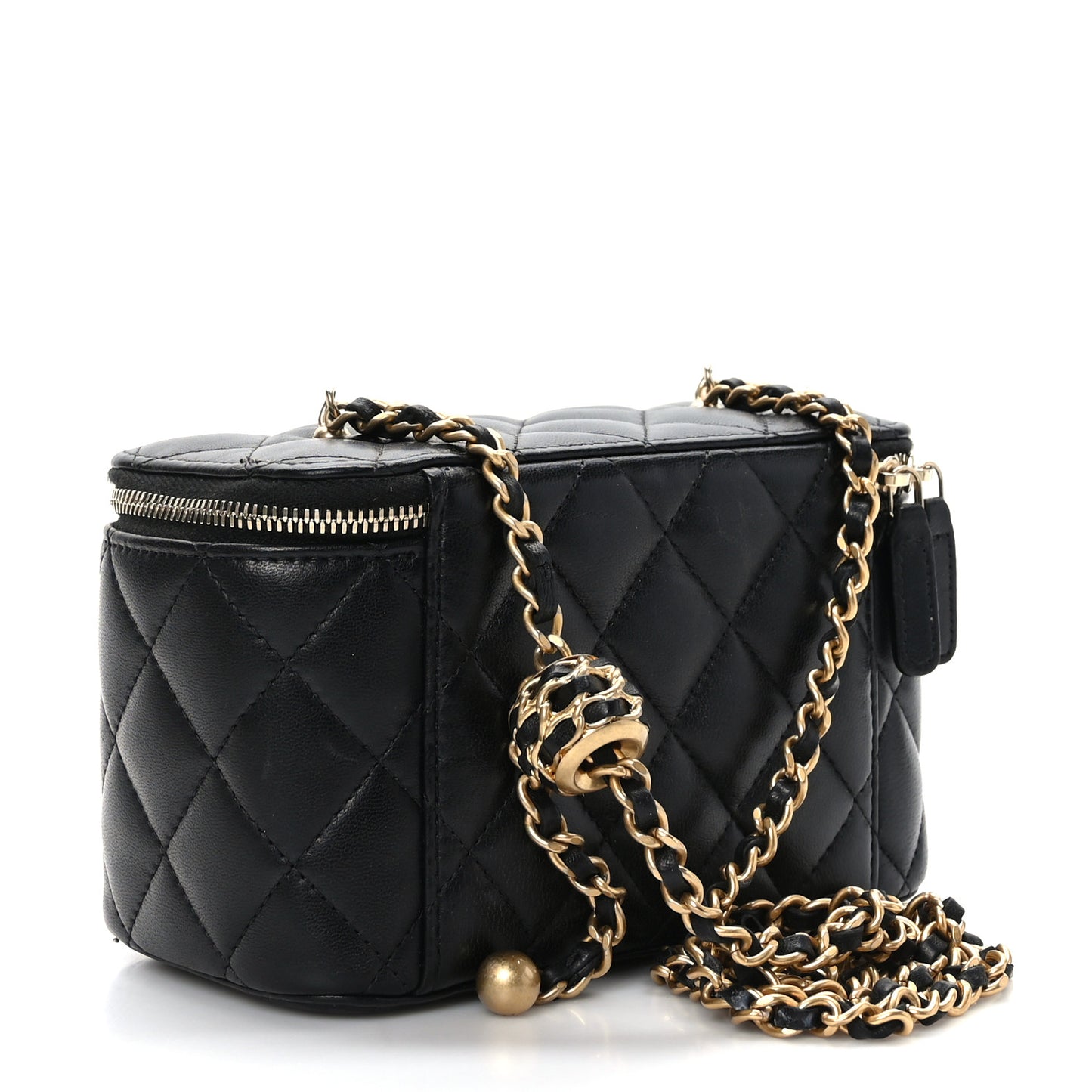 Lambskin Quilted Pearl Crush Small Vanity Case With Chain Black