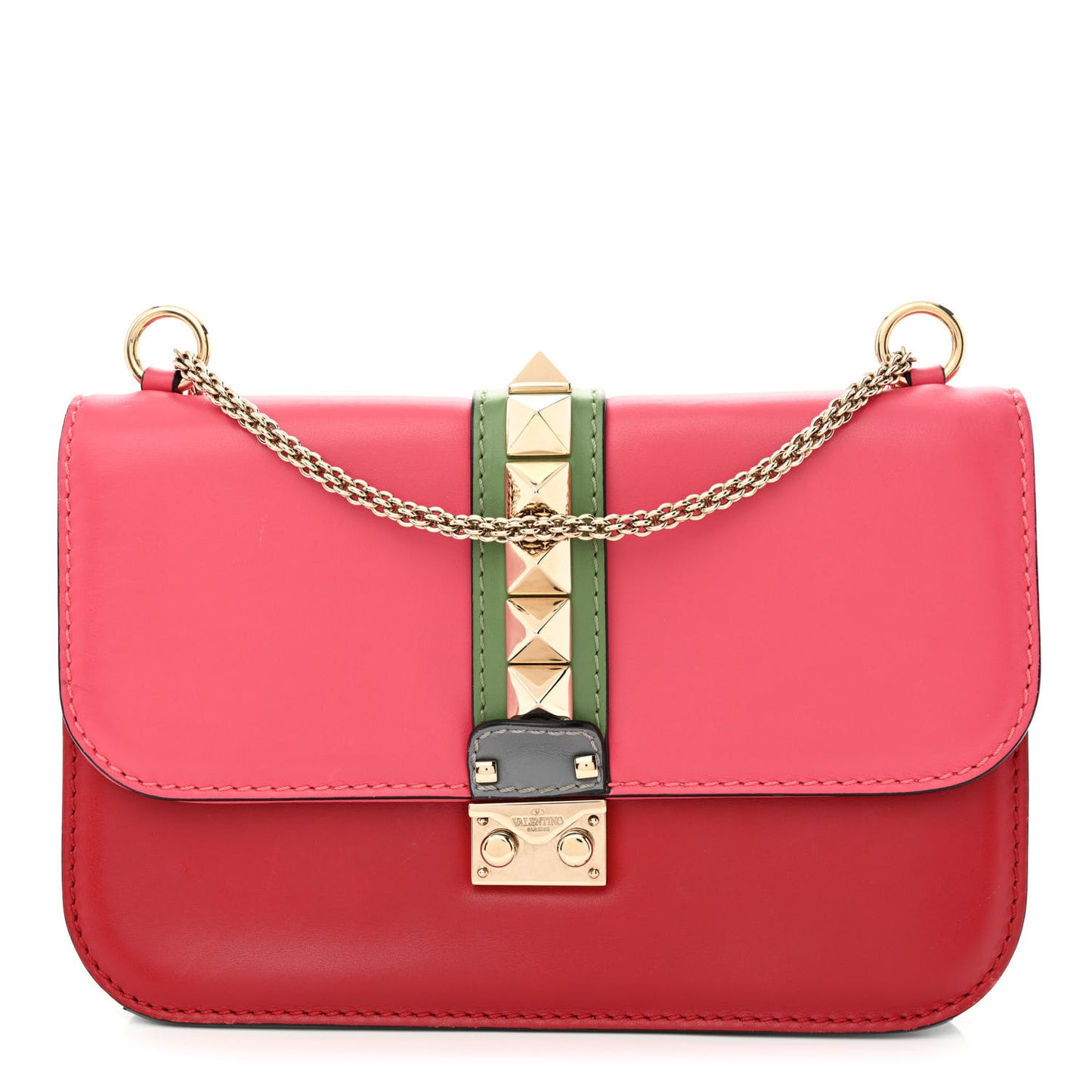 Vitello Medium Glam Lock Rockstud Flap Deep Rose Scarlet Grey Green