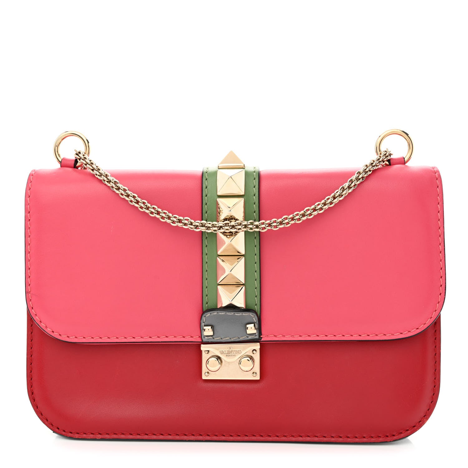 Valentino Garavani Vitello Medium Glam Lock Rockstud Flap Deep Rose Scarlet Grey Green 1 of 10