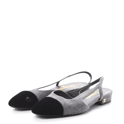 Chanel Wool Velvet Cap Toe CC Slingback Pumps 36.5 Black Grey 3 of 7