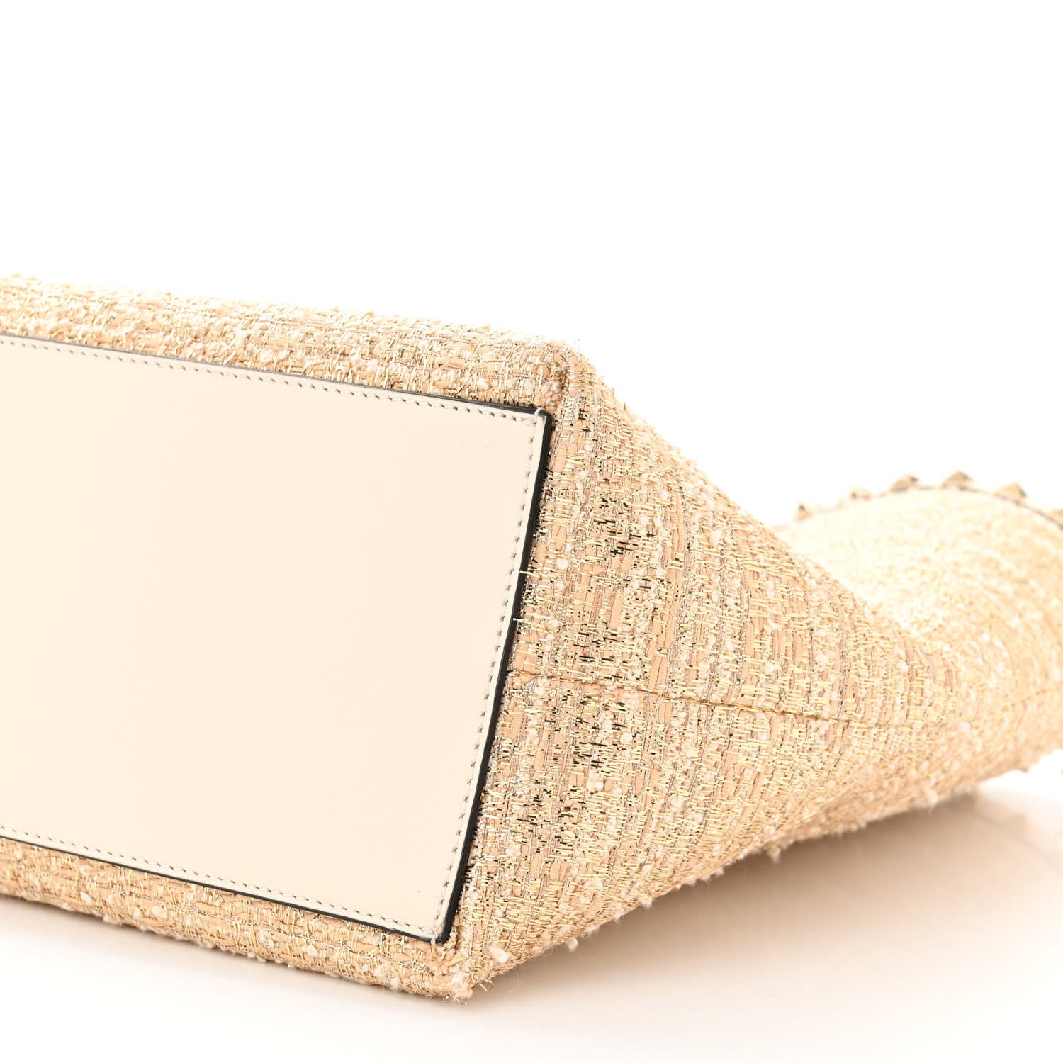 Valentino Garavani Metallic Boucle Raffia Calfskin Rockstud Tote Bag White Ivory Gold 9 of 11