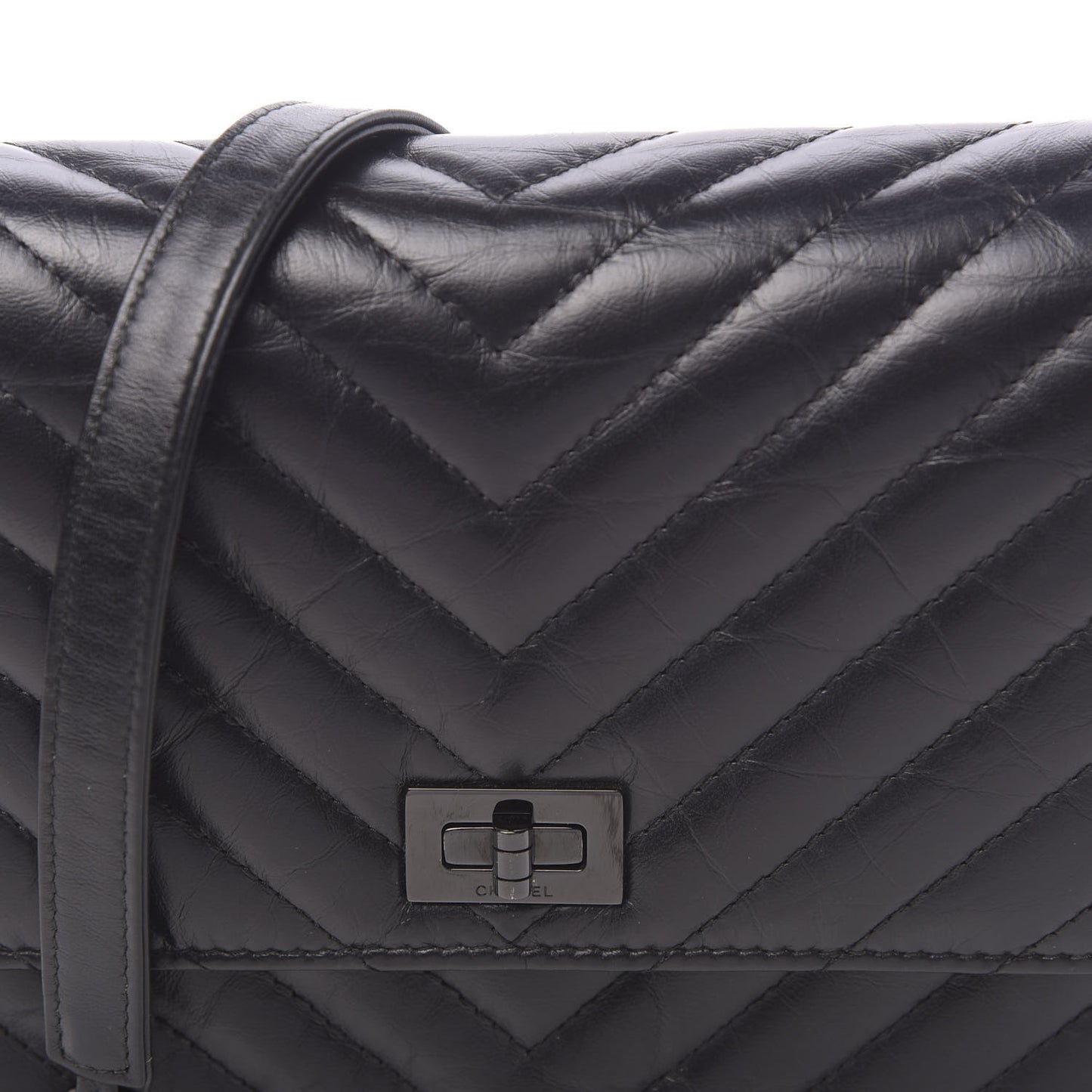 Aged Calfskin Chevron Quilted Reissue 2.55 Square Wallet On Chain WOC So Black