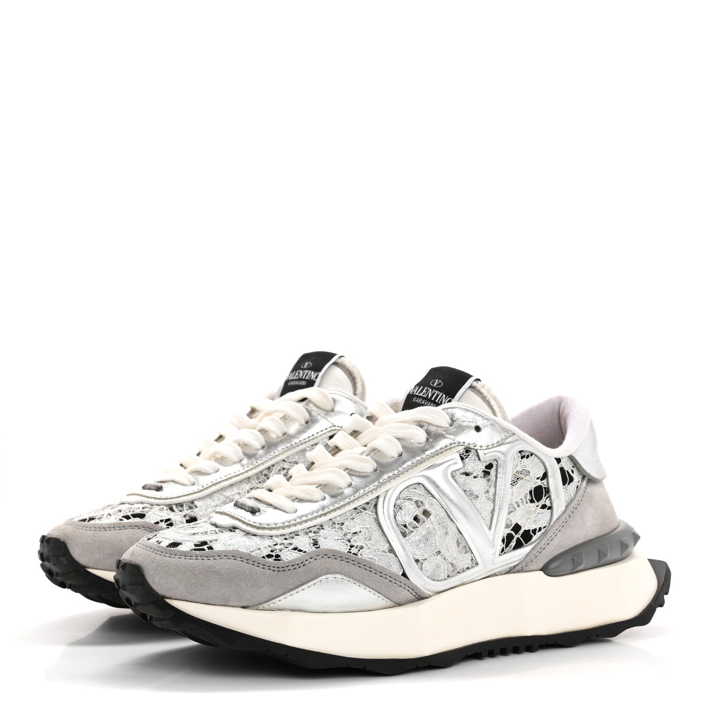 Metallic Calfskin Lace Mesh Lacerunner Sneaker 38.5 Silver Pastel Gray