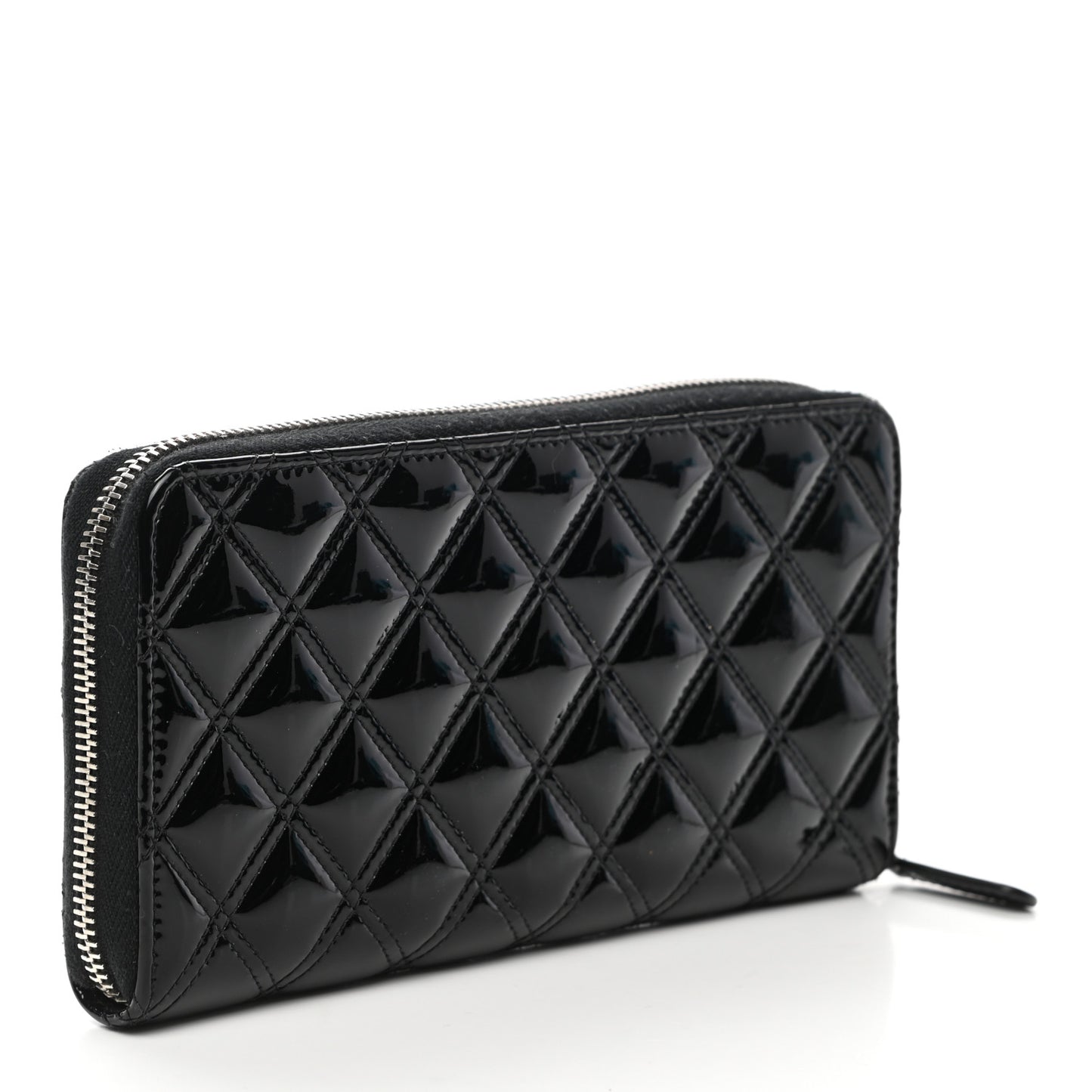 Patent Quilted Large Gusset Zip Around Wallet Black
