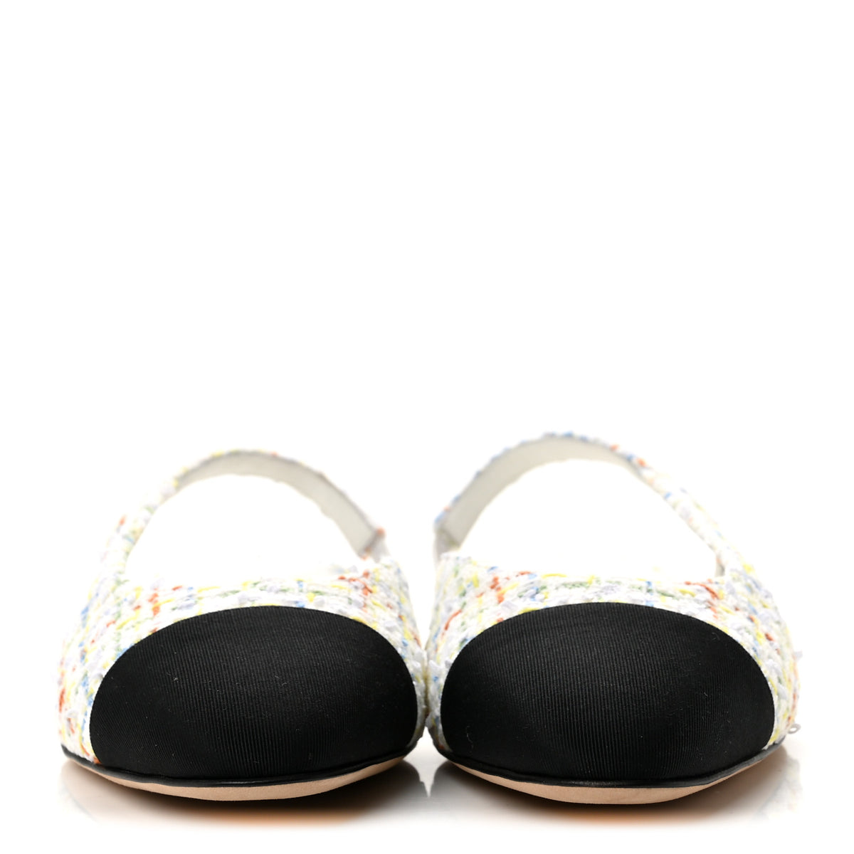 Tweed Grosgrain Cap Toe CC Slingback Flat 38 White Multicolor