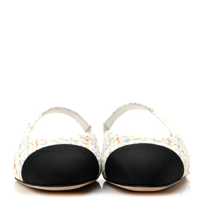 Chanel Tweed Grosgrain Cap Toe CC Slingback Flat 38 White Multicolor 3 of 10