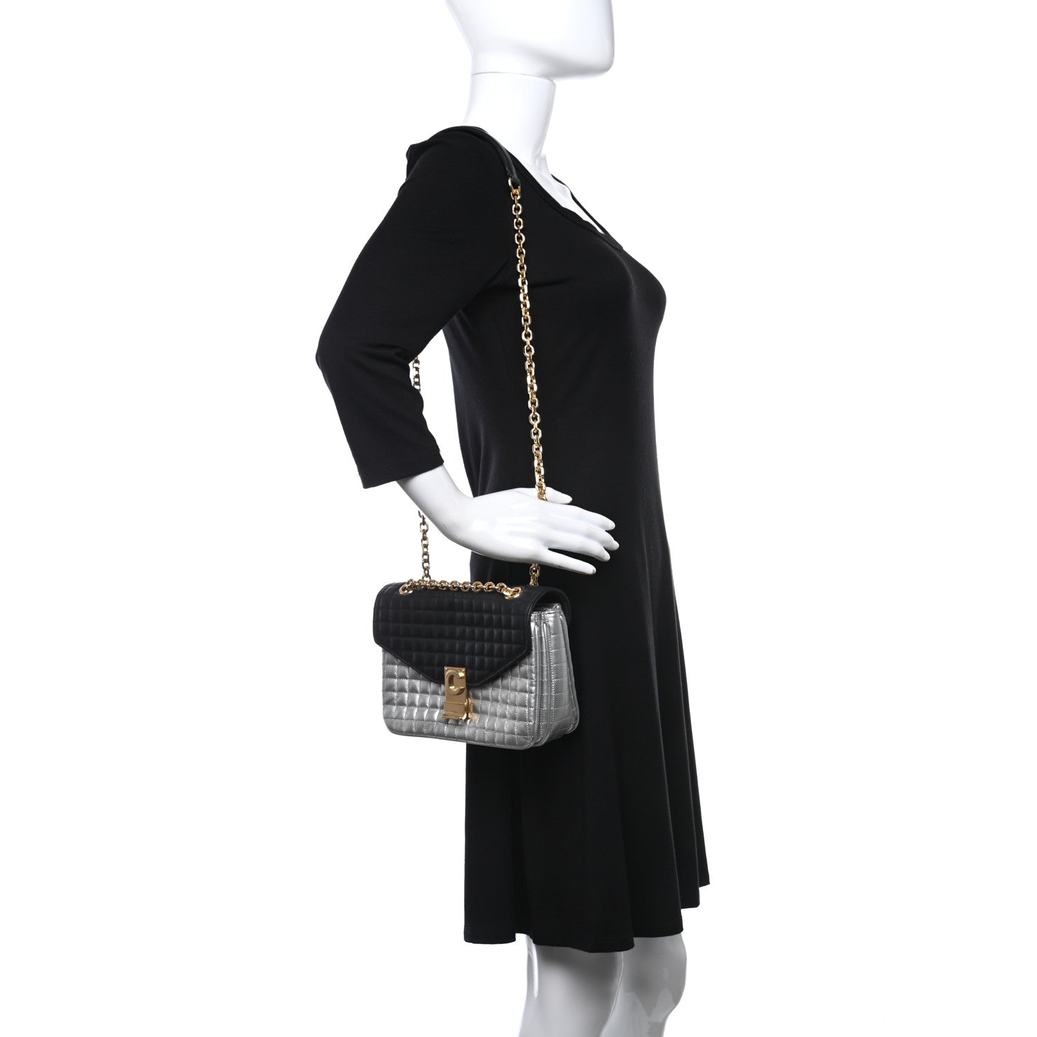 Celine Calfskin Quilted Medium C Bag Black White 2 of 8
