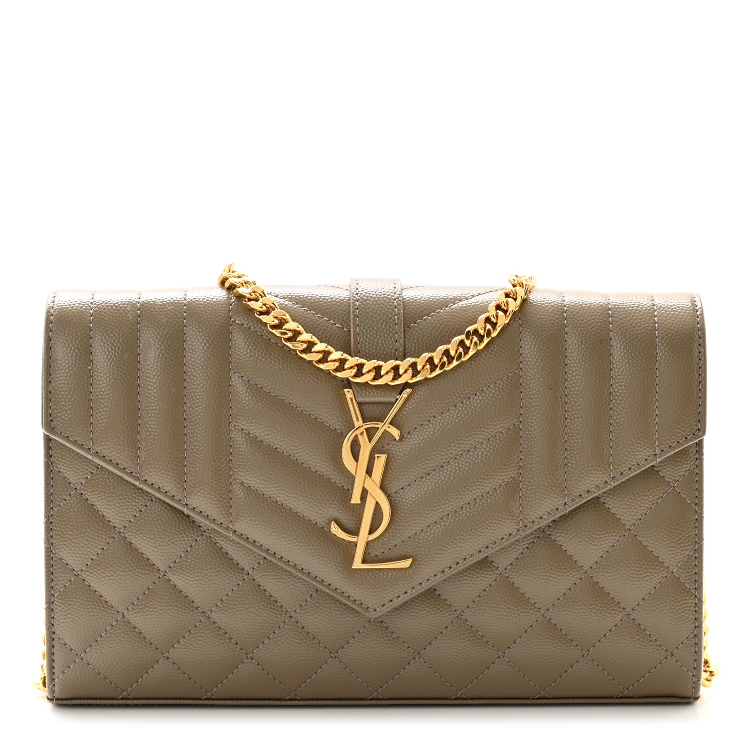 Saint Laurent Grain De Poudre Mixed Matelasse Triquilt Monogram Chain Wallet Dark Beige 1 of 11