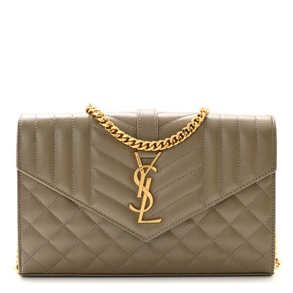 Saint Laurent Grain De Poudre Mixed Matelasse Triquilt Monogram Chain Wallet Dark Beige 1 of 11
