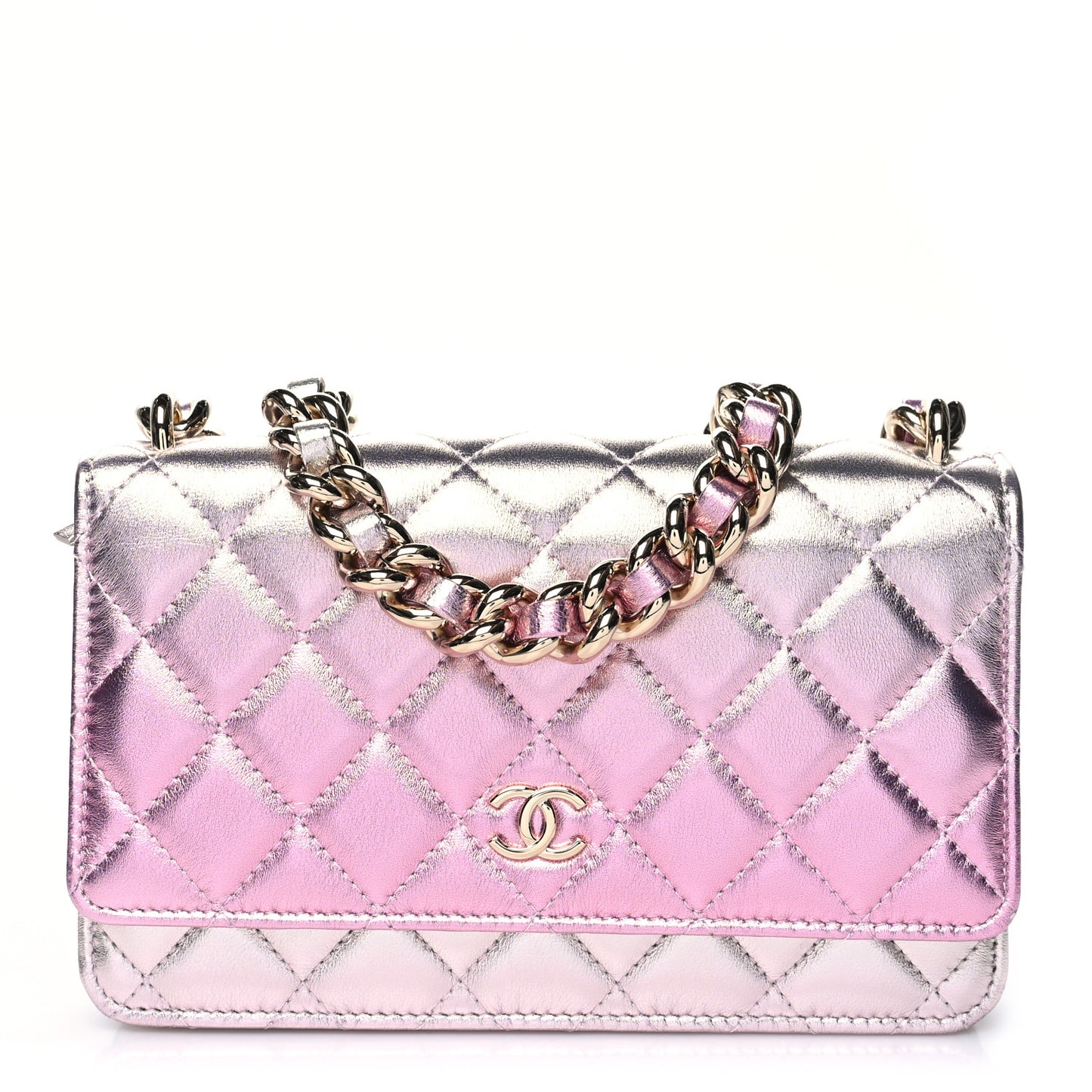 Gradient Metallic Lambskin Quilted Like A Wallet Wallet On Chain WOC Gold Pink
