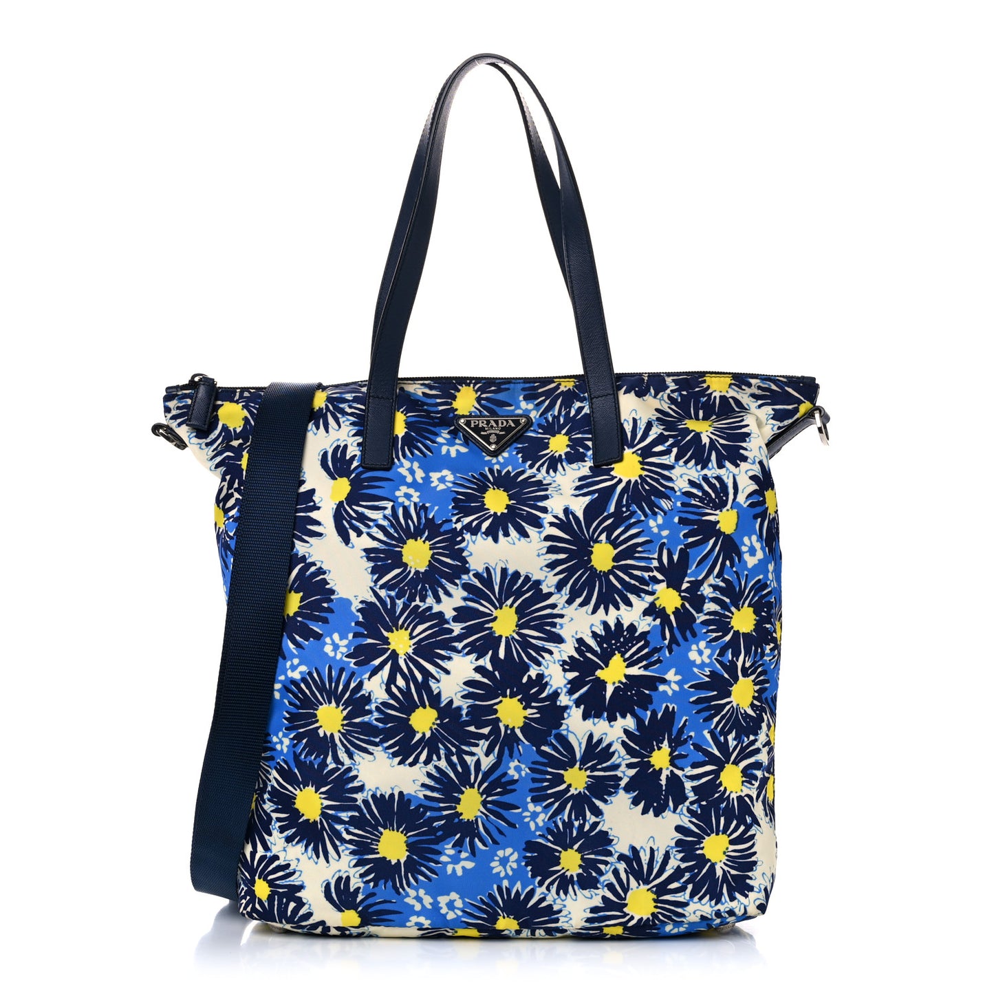 Tessuto Nylon Saffiano Floral Print Tote Bluette Dis Primule