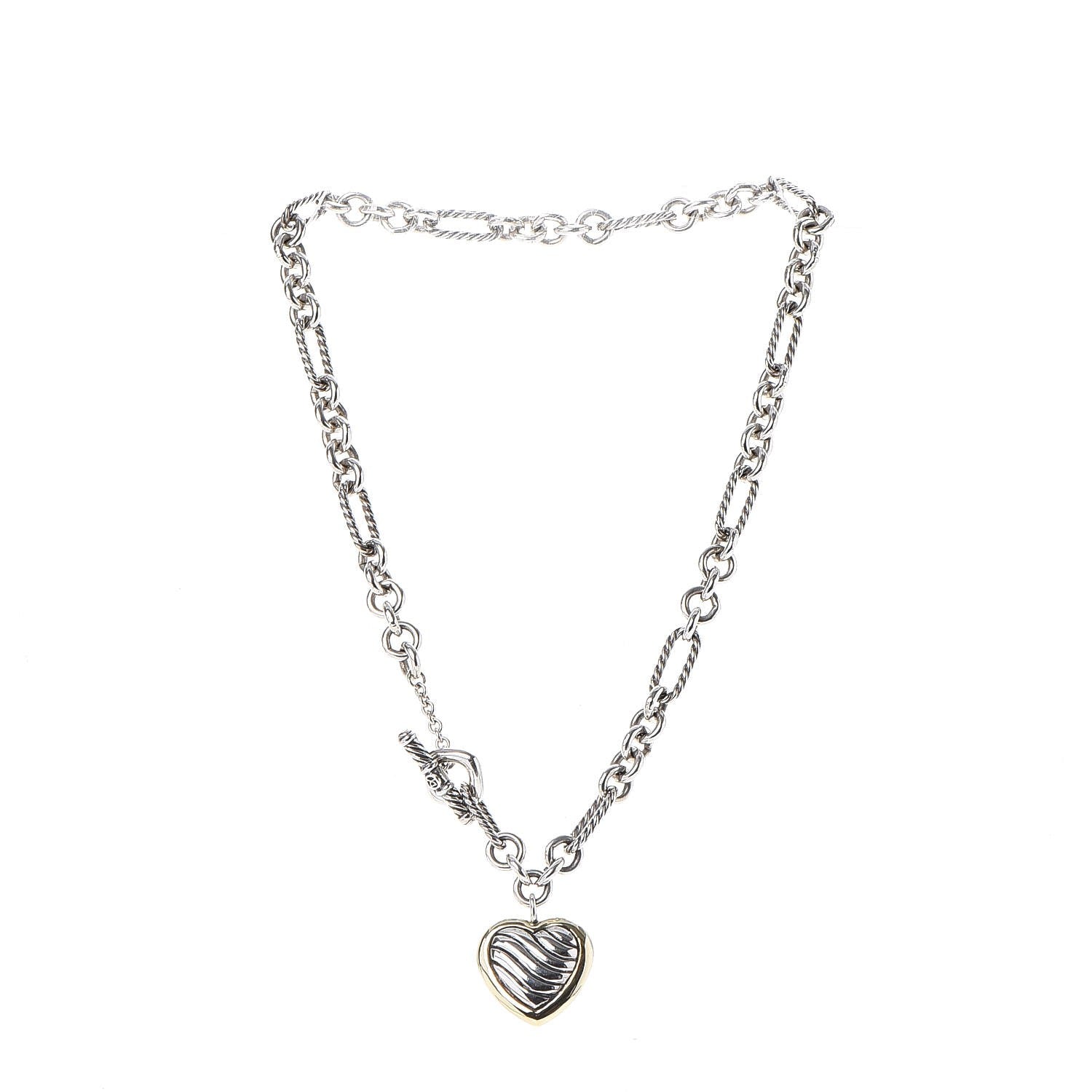 David Yurman Sterling Silver 18K Yellow Gold Cable Heart Figaro Necklace 4 of 8