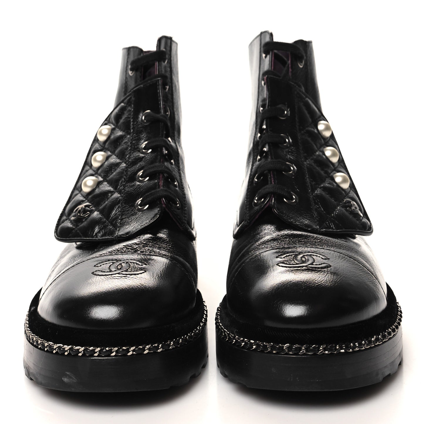 Crackled Calfskin Velvet Pearl Combat Short Boots 40 Black