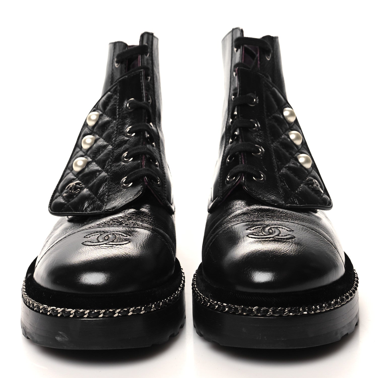 Chanel Crackled Calfskin Velvet Pearl Combat Short Boots 40 Black 2 of 10