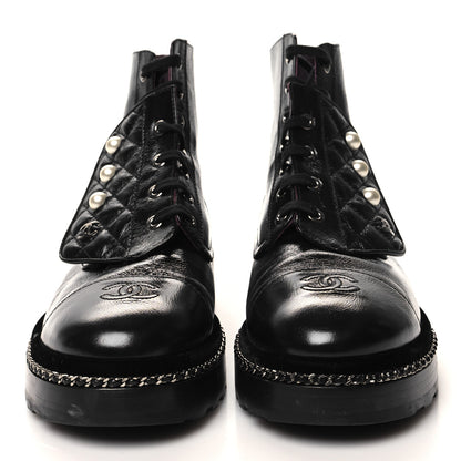 Chanel Crackled Calfskin Velvet Pearl Combat Short Boots 40 Black 2 of 10