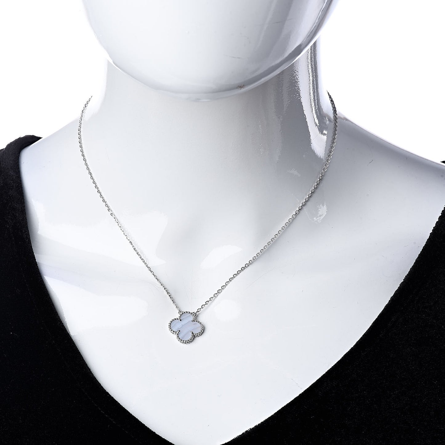 18K White Gold Chalcedony Vintage Alhambra Pendant Necklace