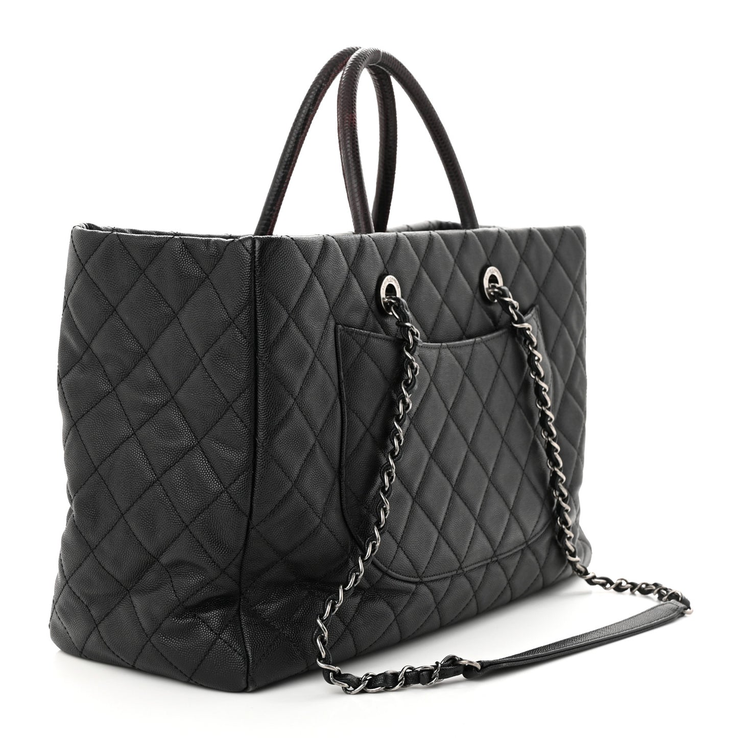 Caviar Lizard Quilted Large Coco Handle Shopping Tote Black