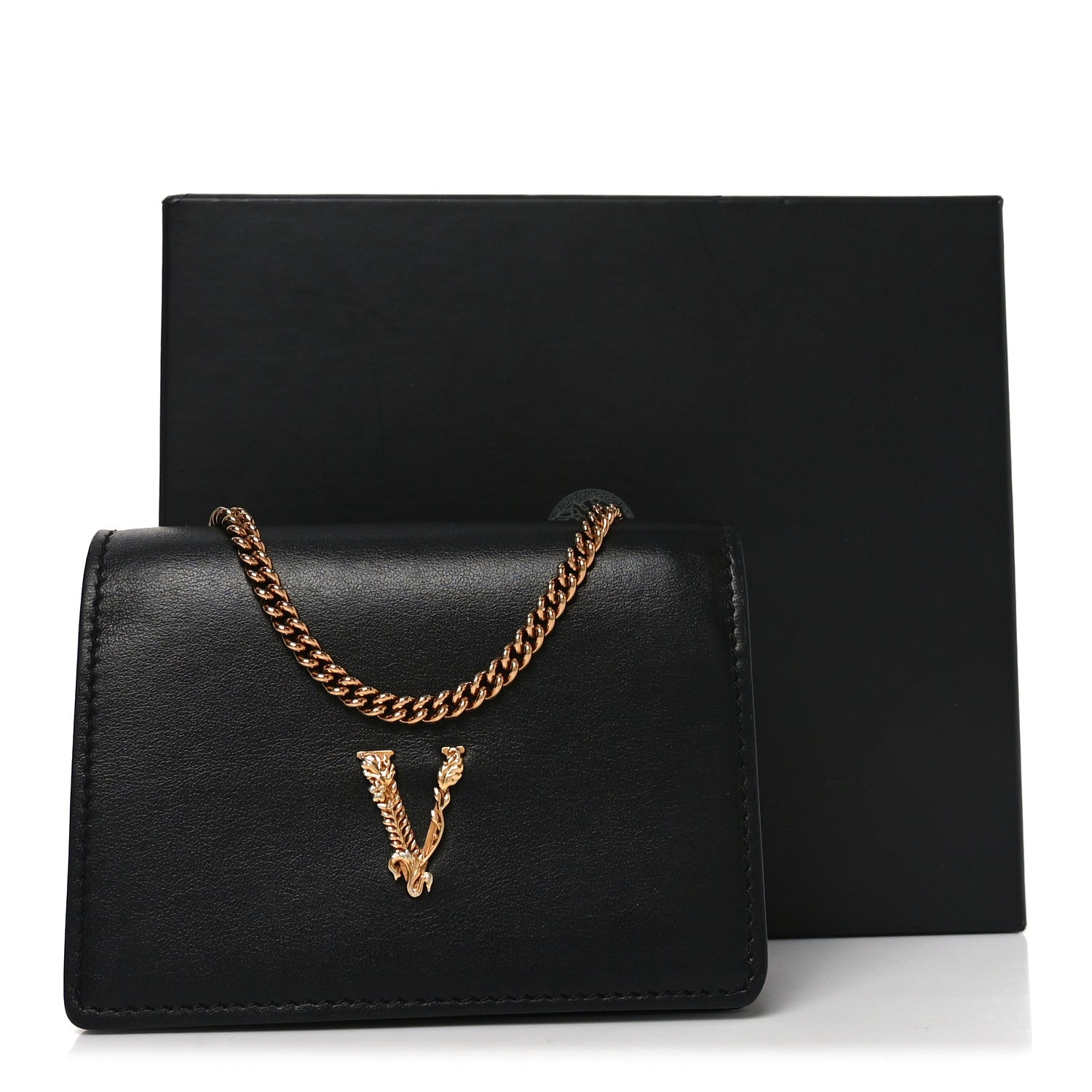 Versace Vitello Mini Virtus Chain Clutch Black 1818870 – FASHIONPHILE