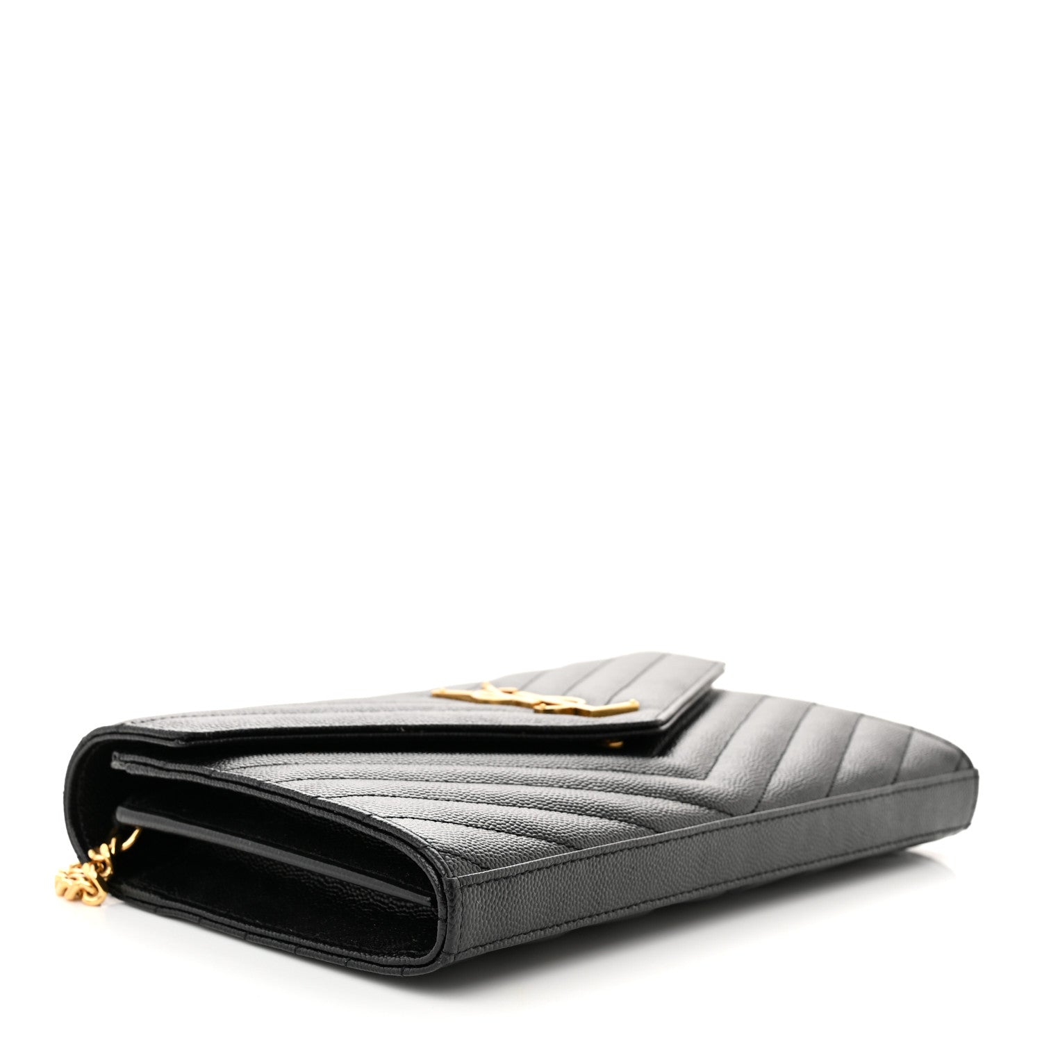 Saint Laurent Grain De Poudre Matelasse Chevron Monogram Chain Wallet Black 4 of 10